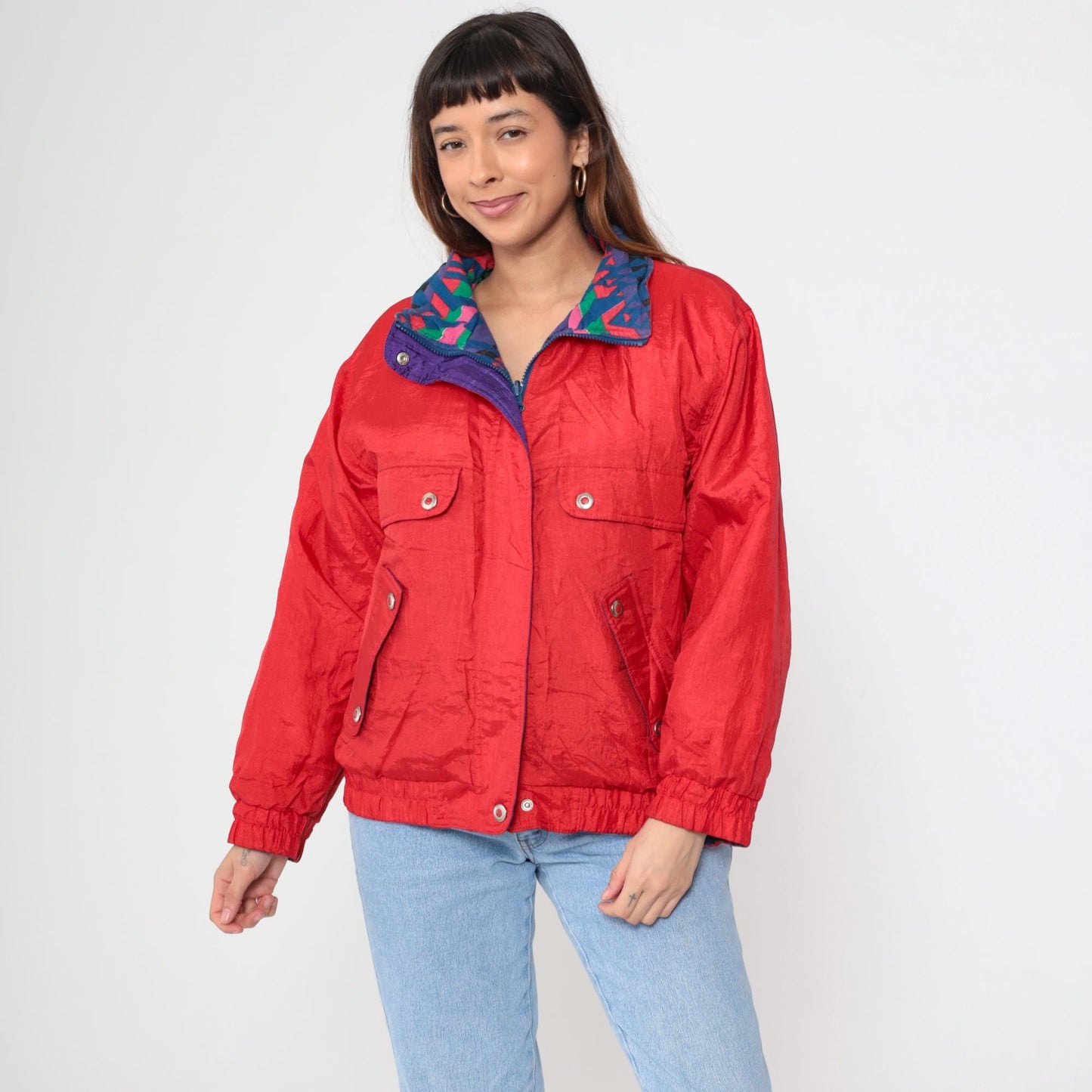 90s Geometric Southwest Reversible Windbreaker Red Blue Purple Small