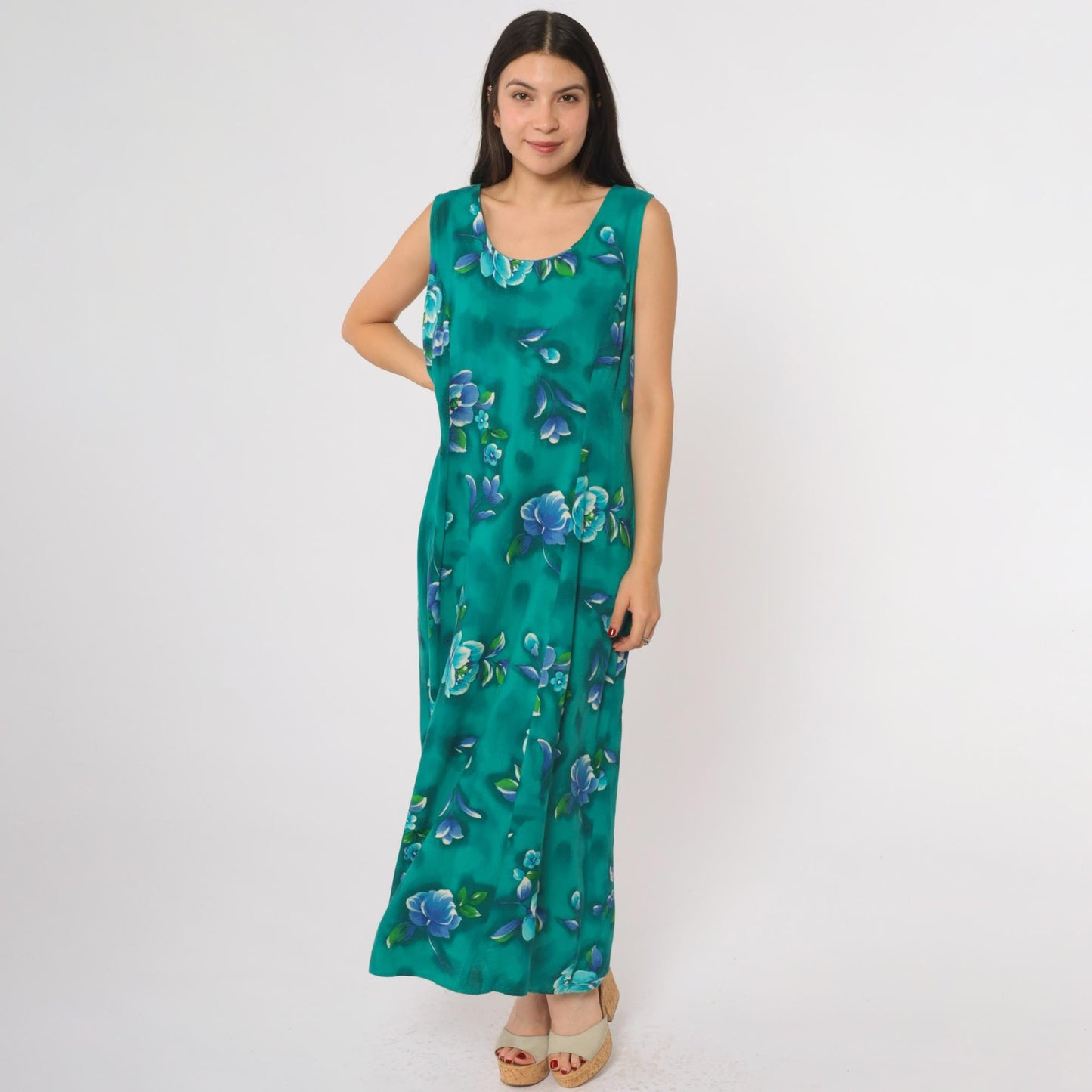 90s Emerald Green Floral Maxi Dress Sleeveless Scoop Neck Large