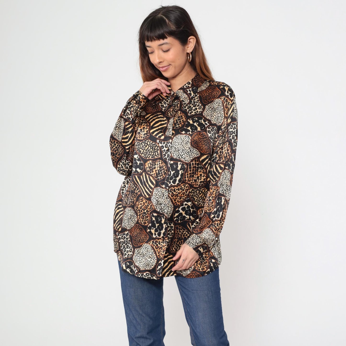 Y2K Jessica Holbrook Silk Blouse Animal Print Button Down Medium M