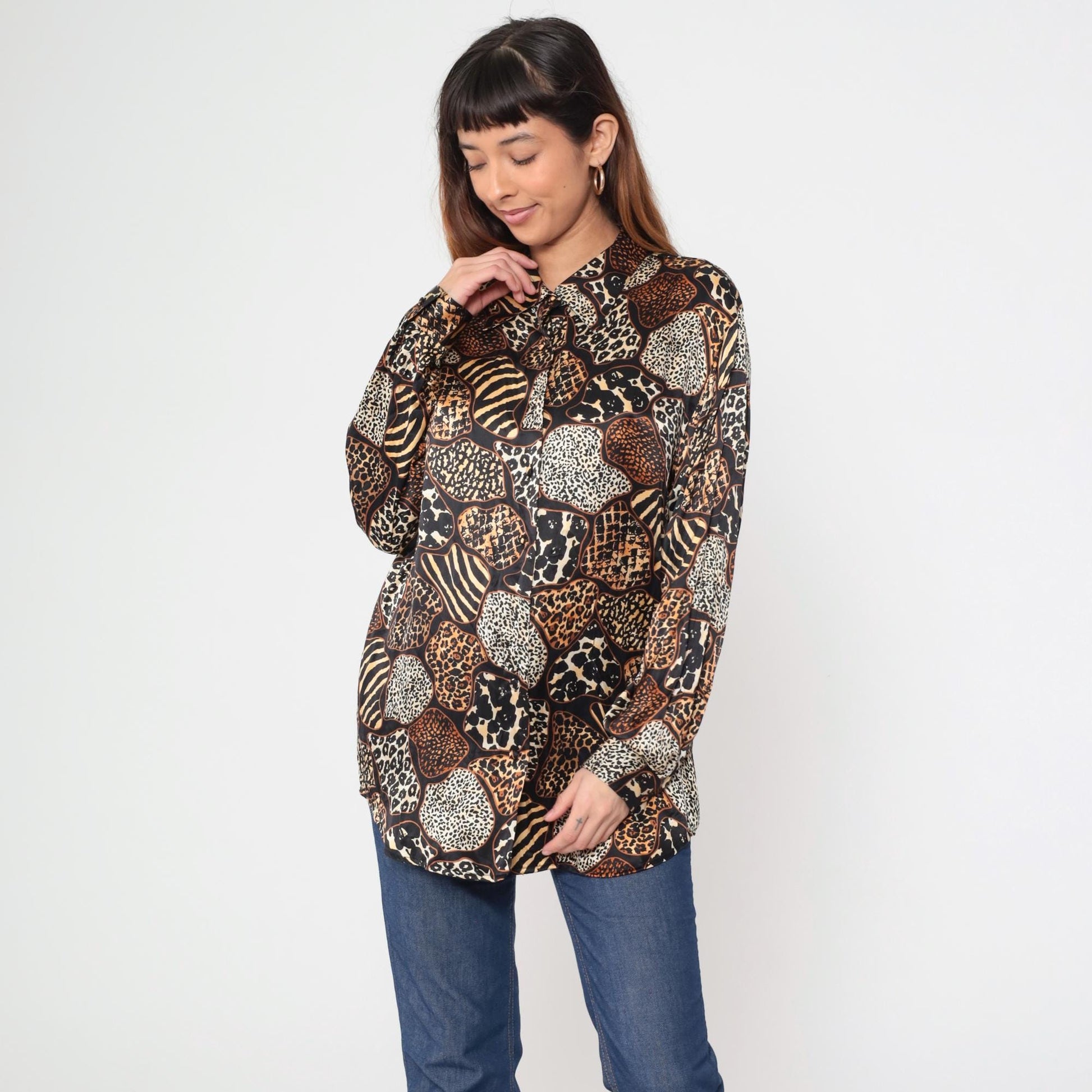 Y2K Jessica Holbrook Silk Blouse Animal Print Button Down Medium M