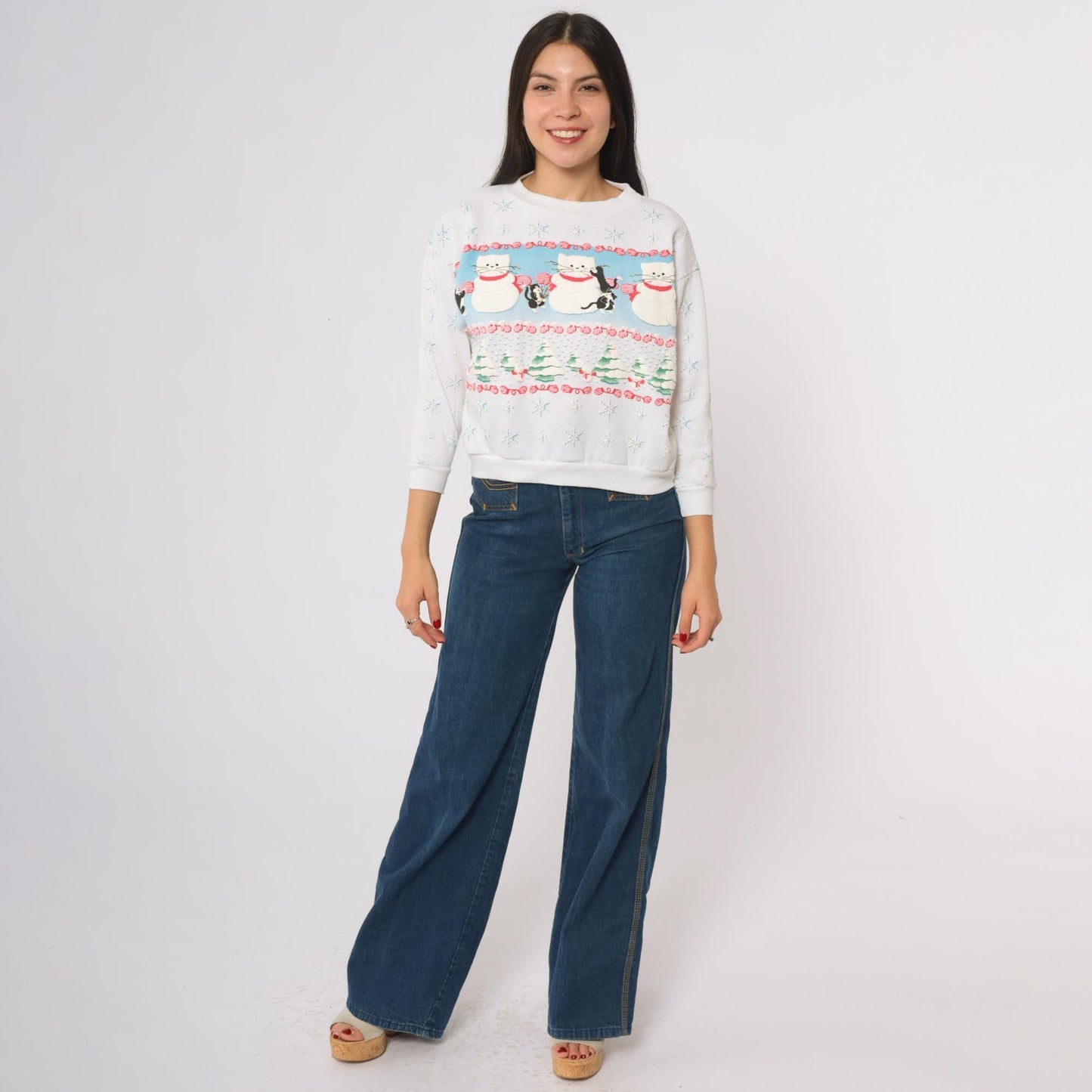 90s Scoop Christmas Cat Sweatshirt White Snowmen Snowflakes Extra Small XS