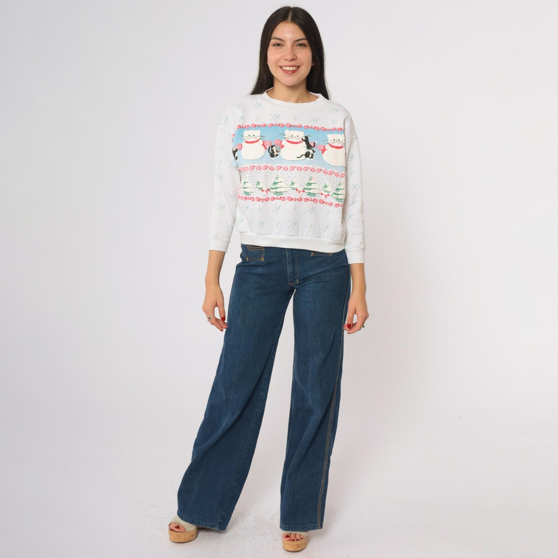 90s Scoop Christmas Cat Sweatshirt White Snowmen Snowflakes Extra Small XS