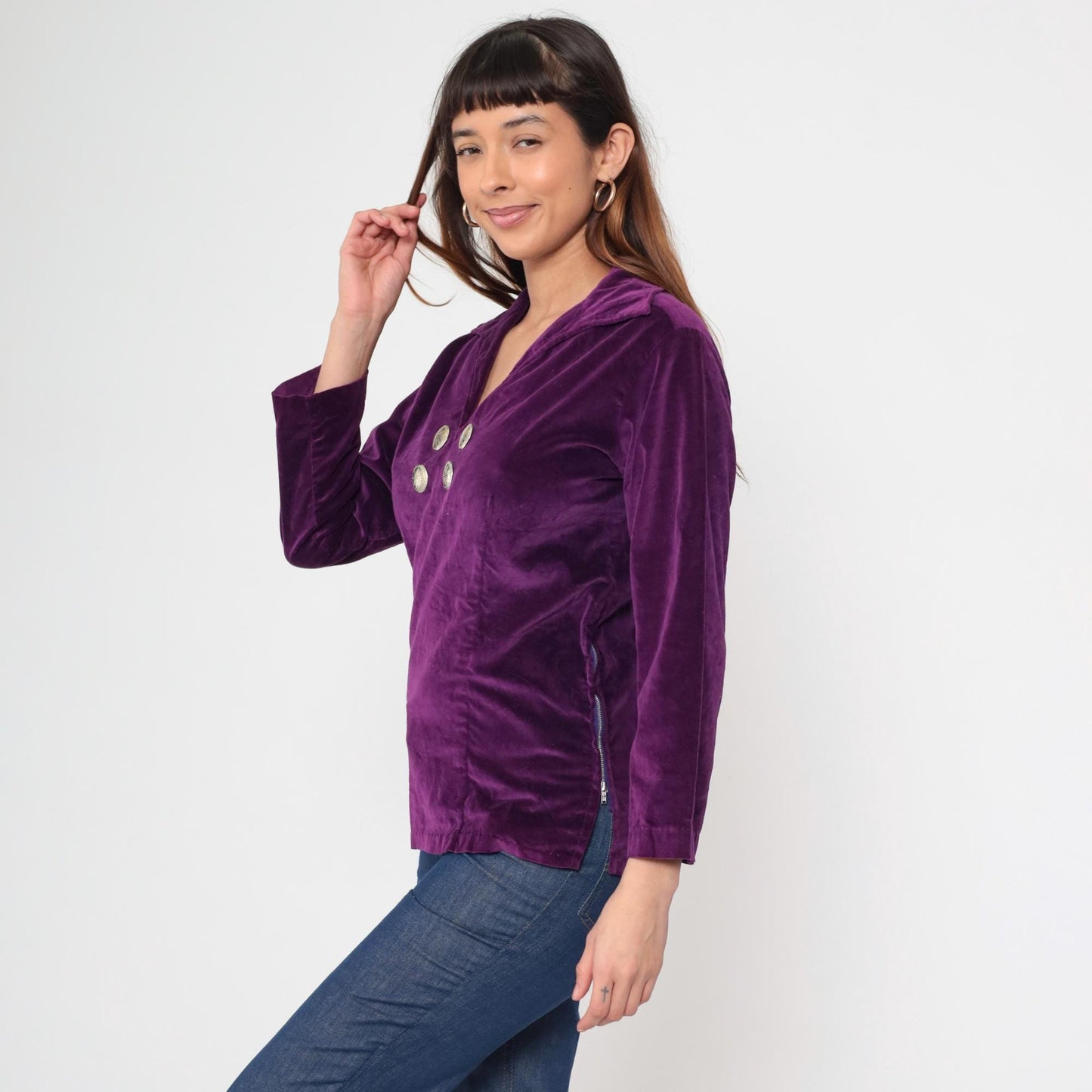 70s Purple Velvet Blouse V Neck Long Sleeve Silver Buttons Medium M