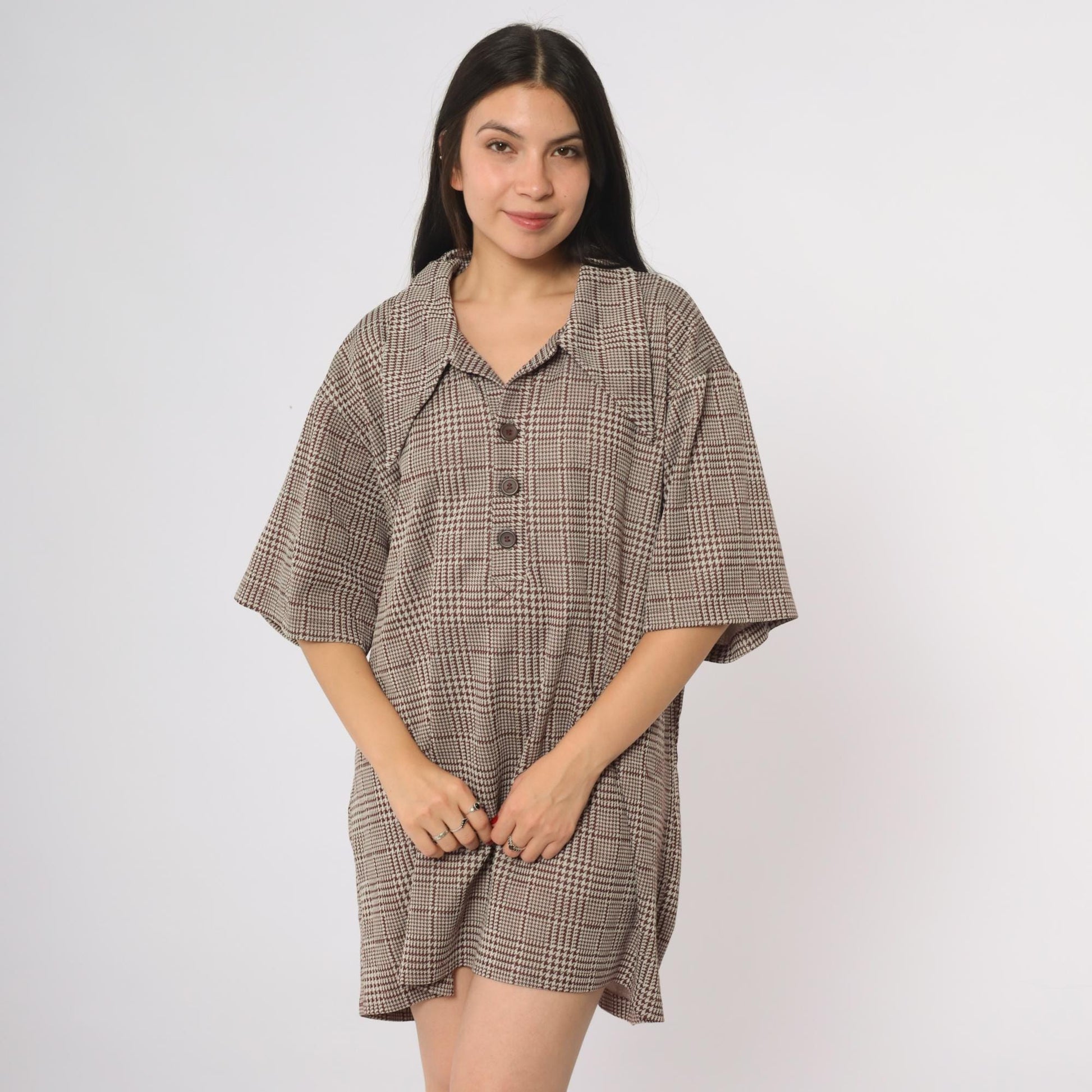 70s Houndstooth Glen Plaid Button Down Shirt Brown White Short Sleeve XXL