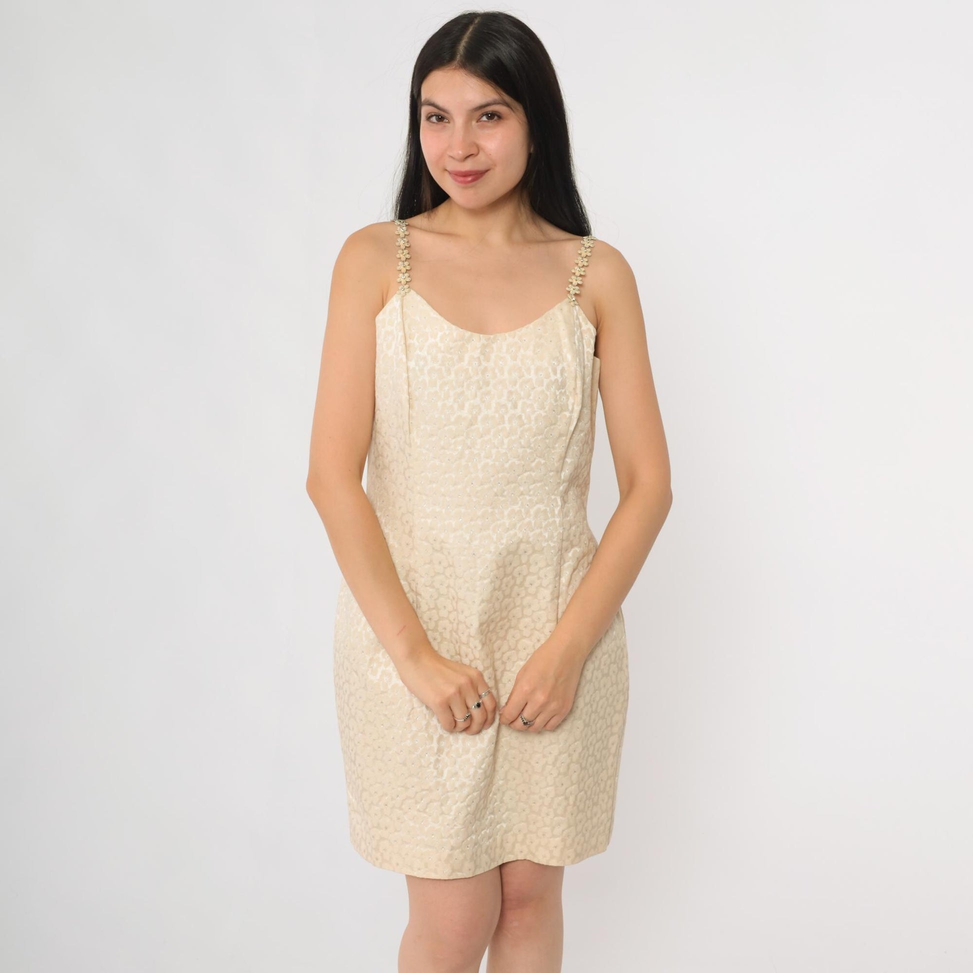 90s Jessica McClintock Gunne Sax Cream Gold Jacquard Mini Dress Beaded Straps Small S