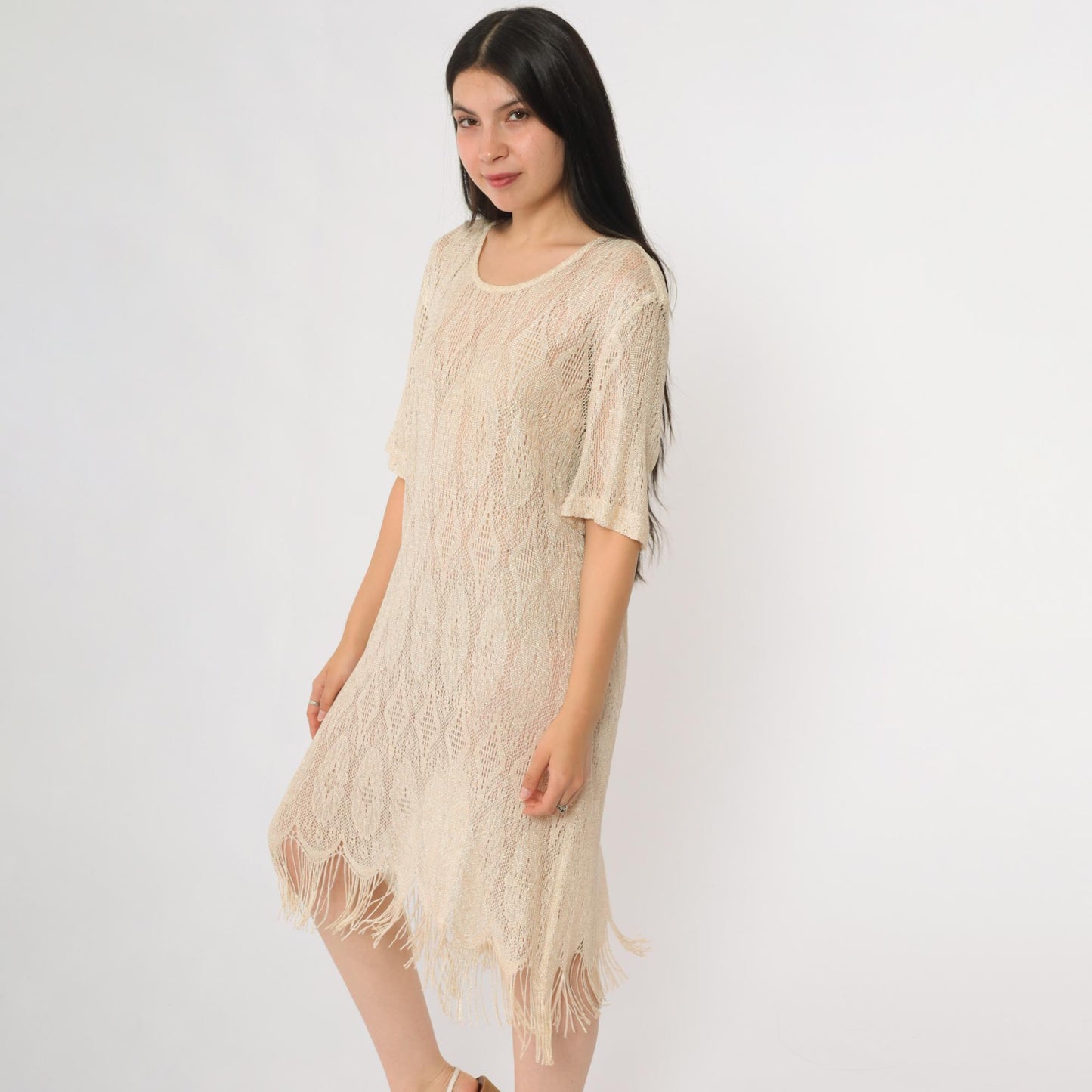 90s Sharade Nites Crochet Mini Dress Cream Metallic Fringe Scalloped Hem Size 16