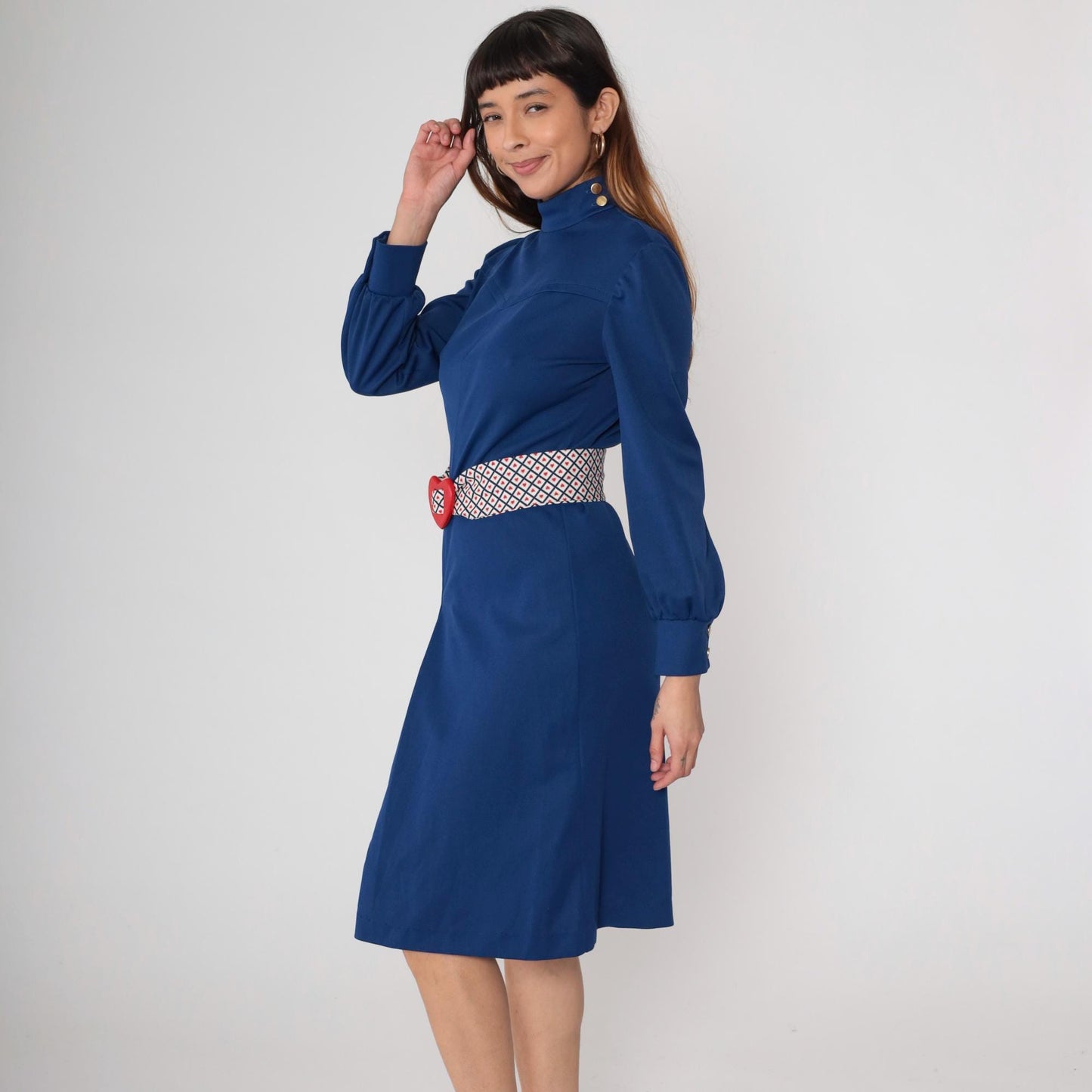 70s Navy Midi Dress Turtleneck Bishop Sleeve Western Yoke Heart Belt Medium