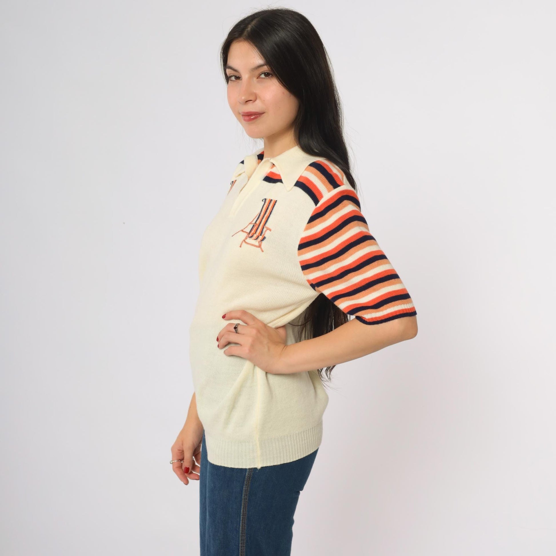 70s Sundowner Knit Polo Shirt Cream Orange Navy Striped Deck Chair Large