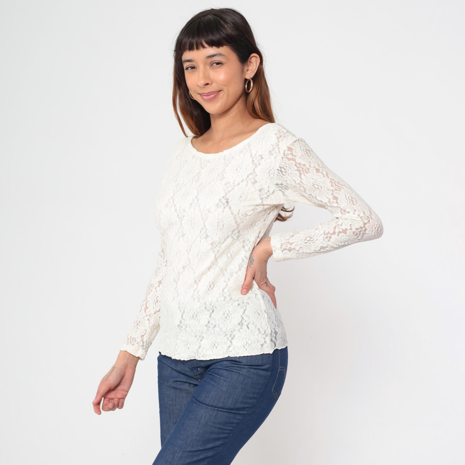 80s White Floral Lace Sheer Blouse U-Neck Long Sleeve Medium