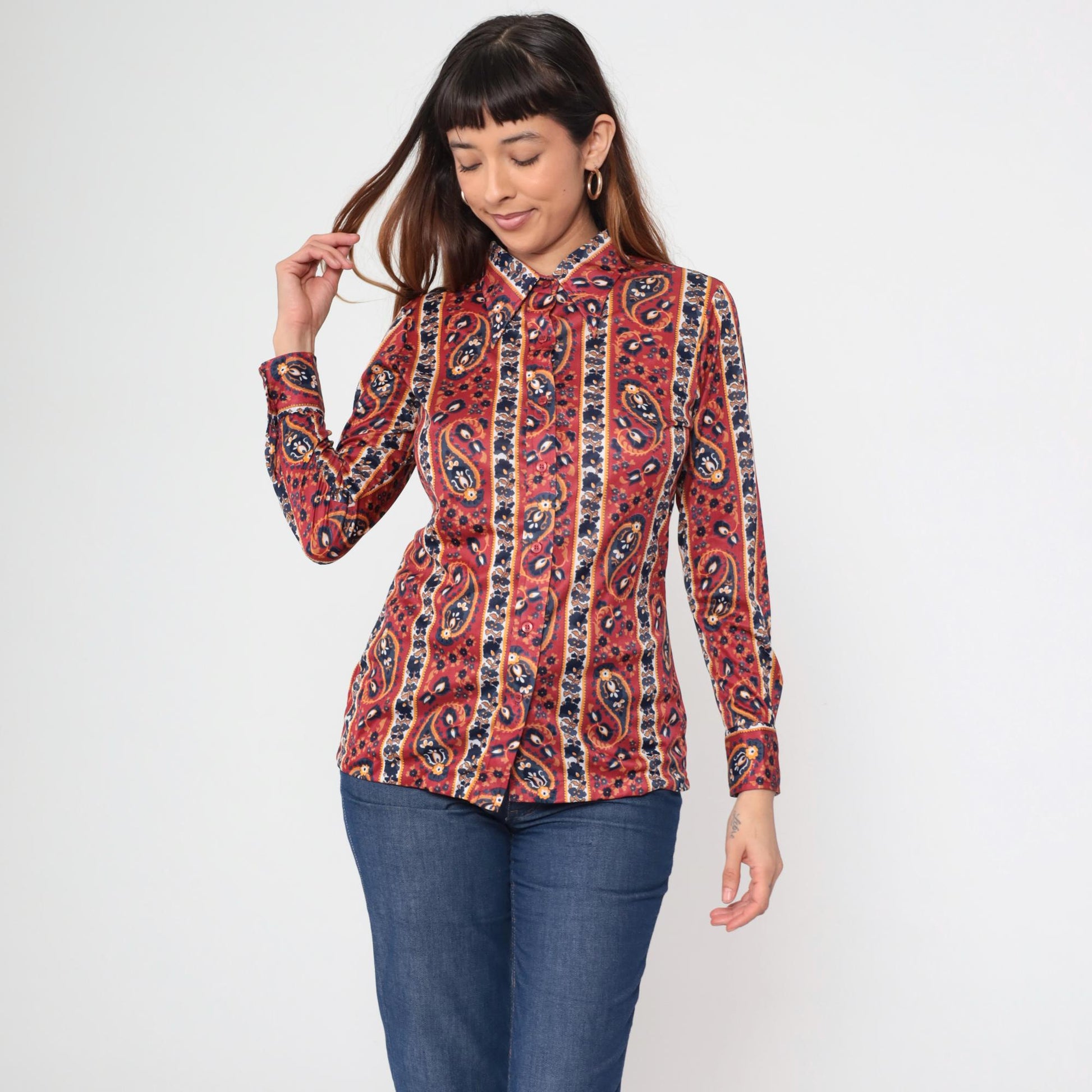 70s Paisley Dagger Collar Blouse Rust Red Button Up Long Sleeve Medium