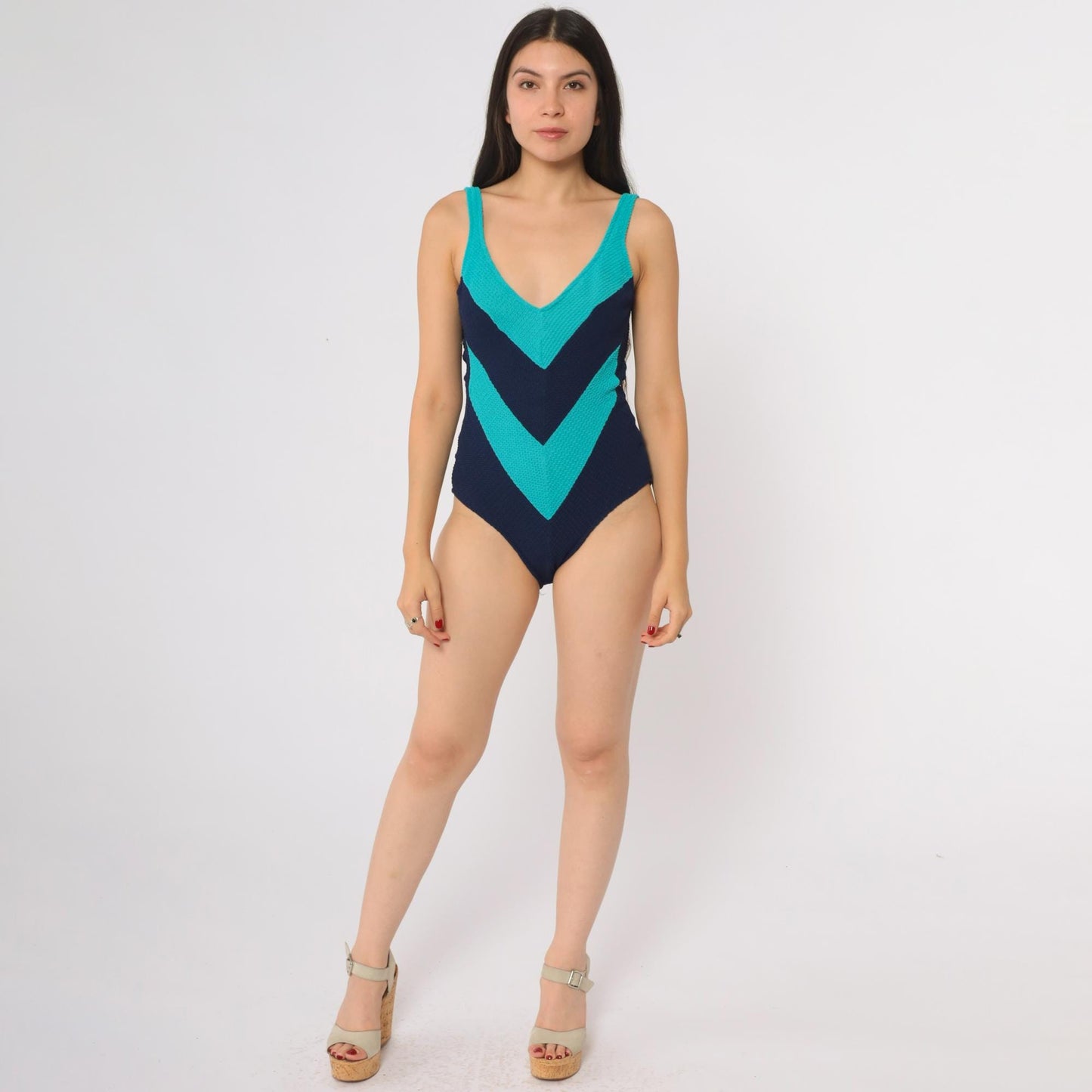 90s Lee Beachwear Colorblock One Piece Swimsuit Teal Navy High Cut Medium M