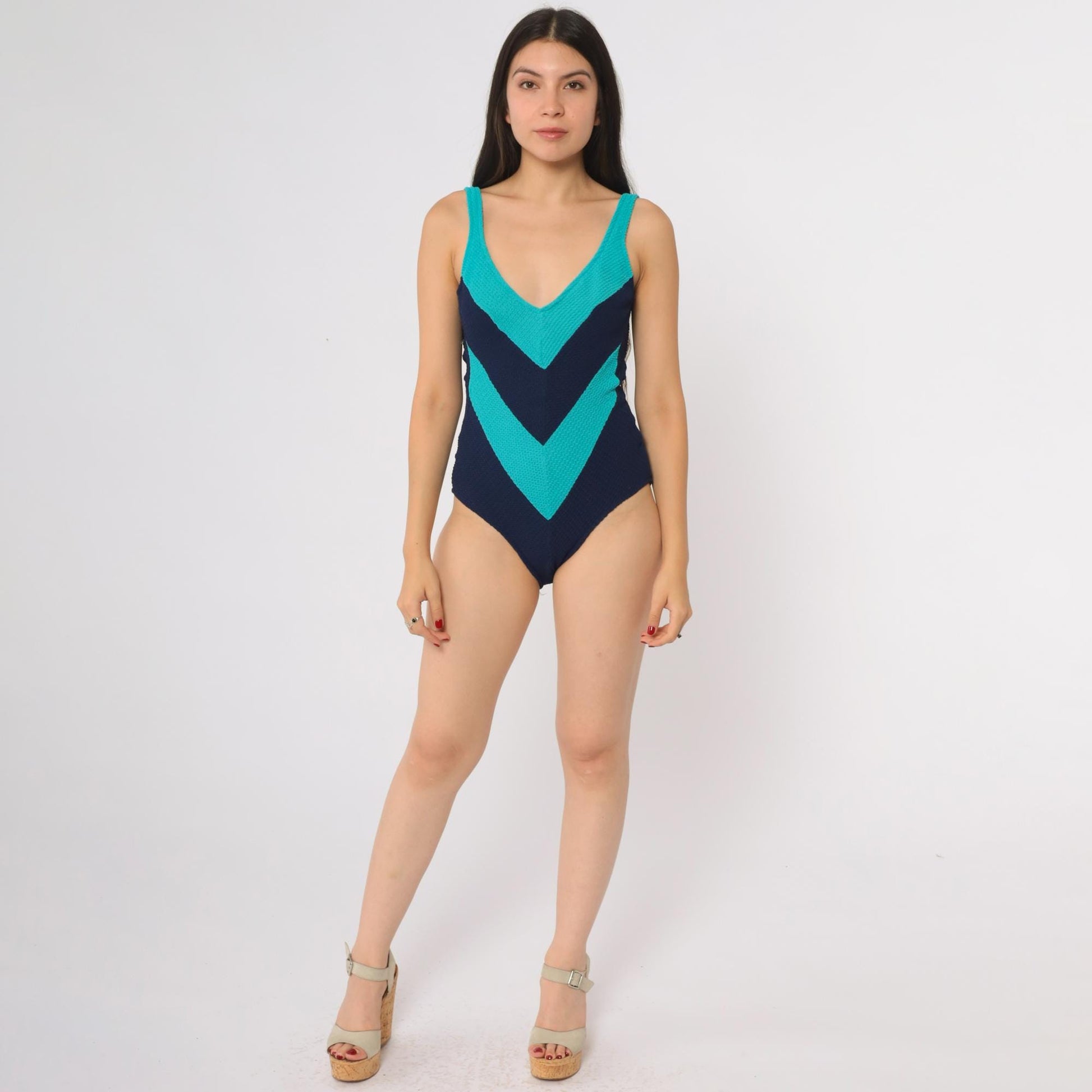 90s Lee Beachwear Colorblock One Piece Swimsuit Teal Navy High Cut Medium M