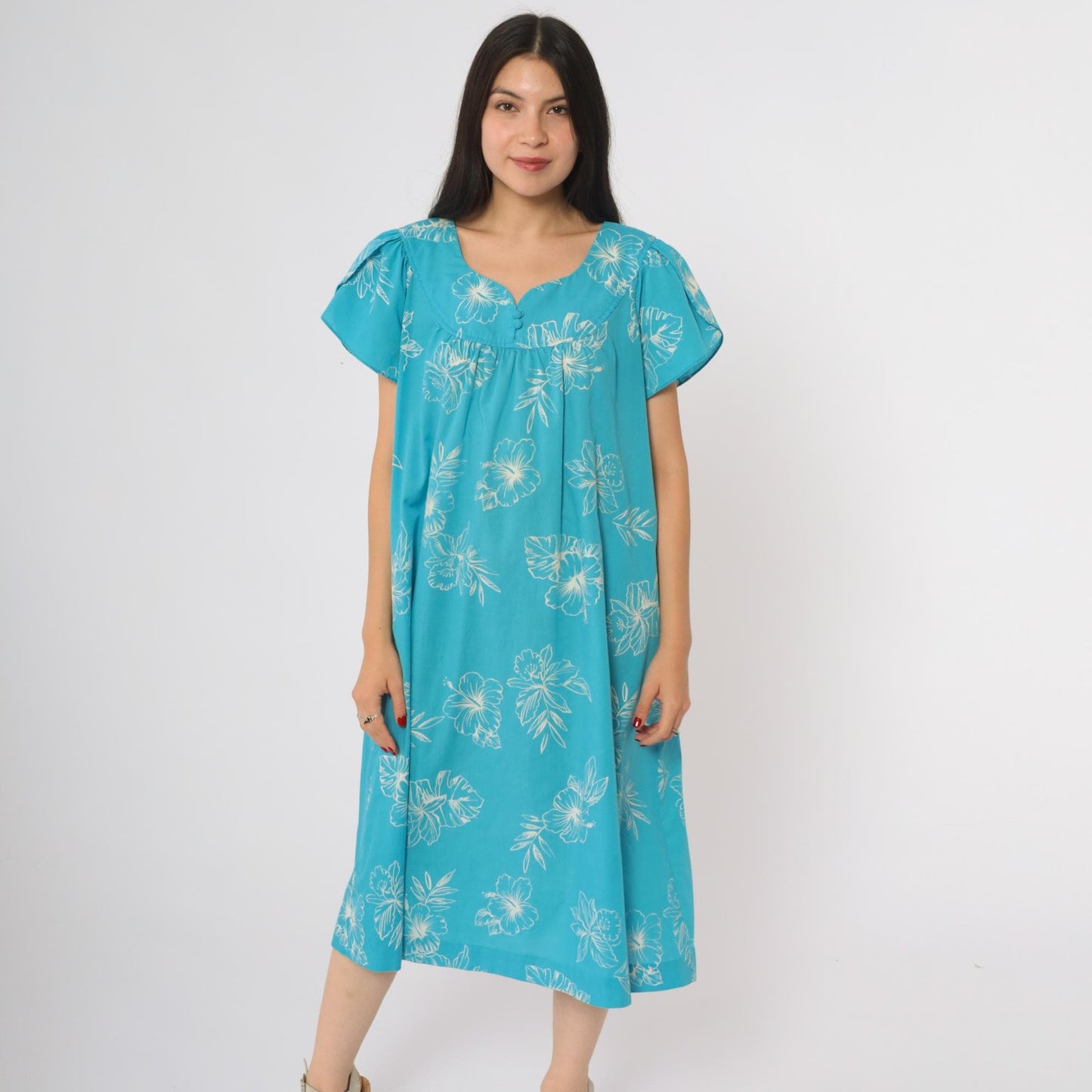 80s Turquoise Hibiscus Floral Midi Dress Scoop Neck Short Sleeve Loungewear Medium Large