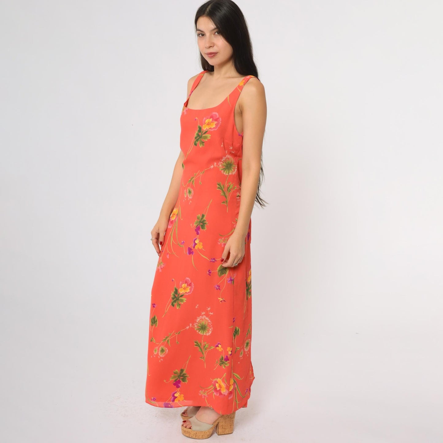 90s Coral Floral Maxi Dress Sleeveless Square Neck Tie Back Large
