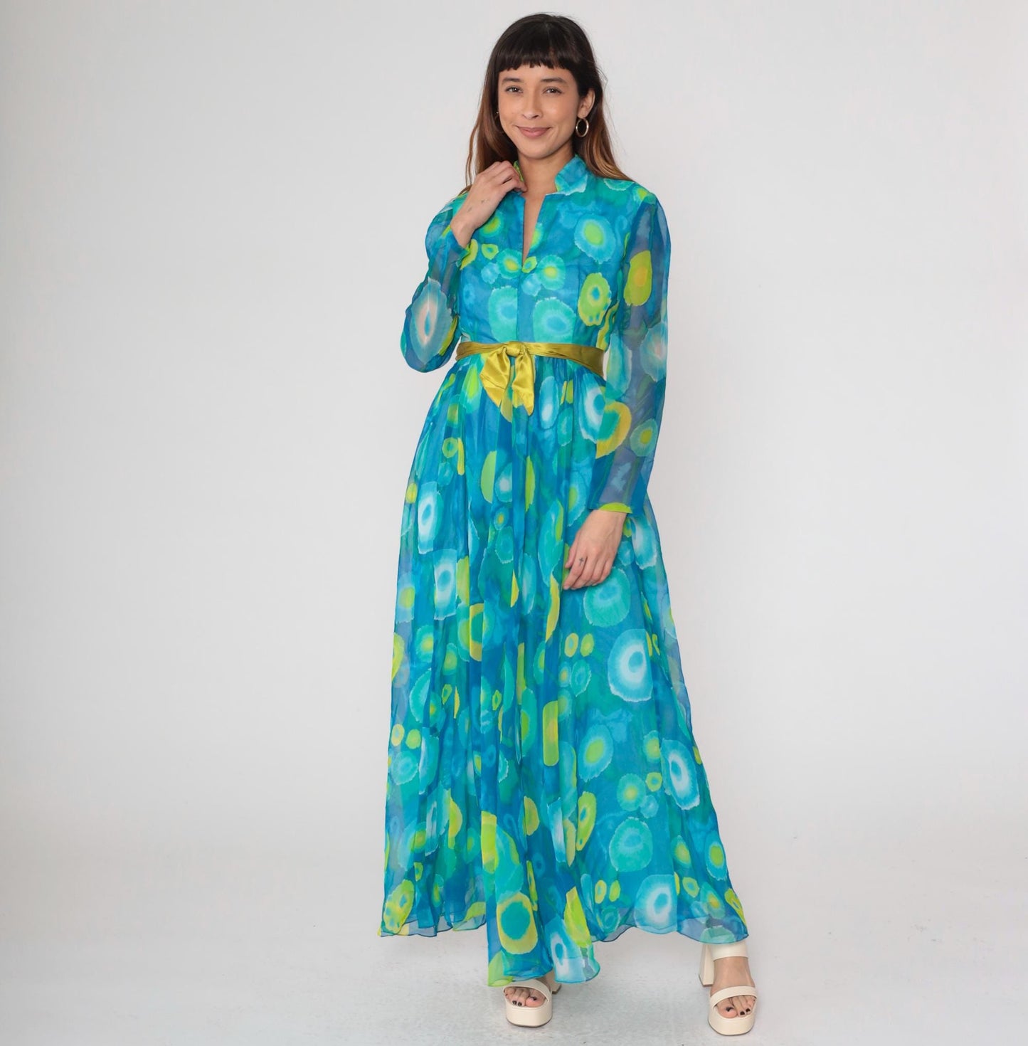 70s Maxi Dress Blue Green Psychedelic Print Sheer Collared Long Sleeve Medium