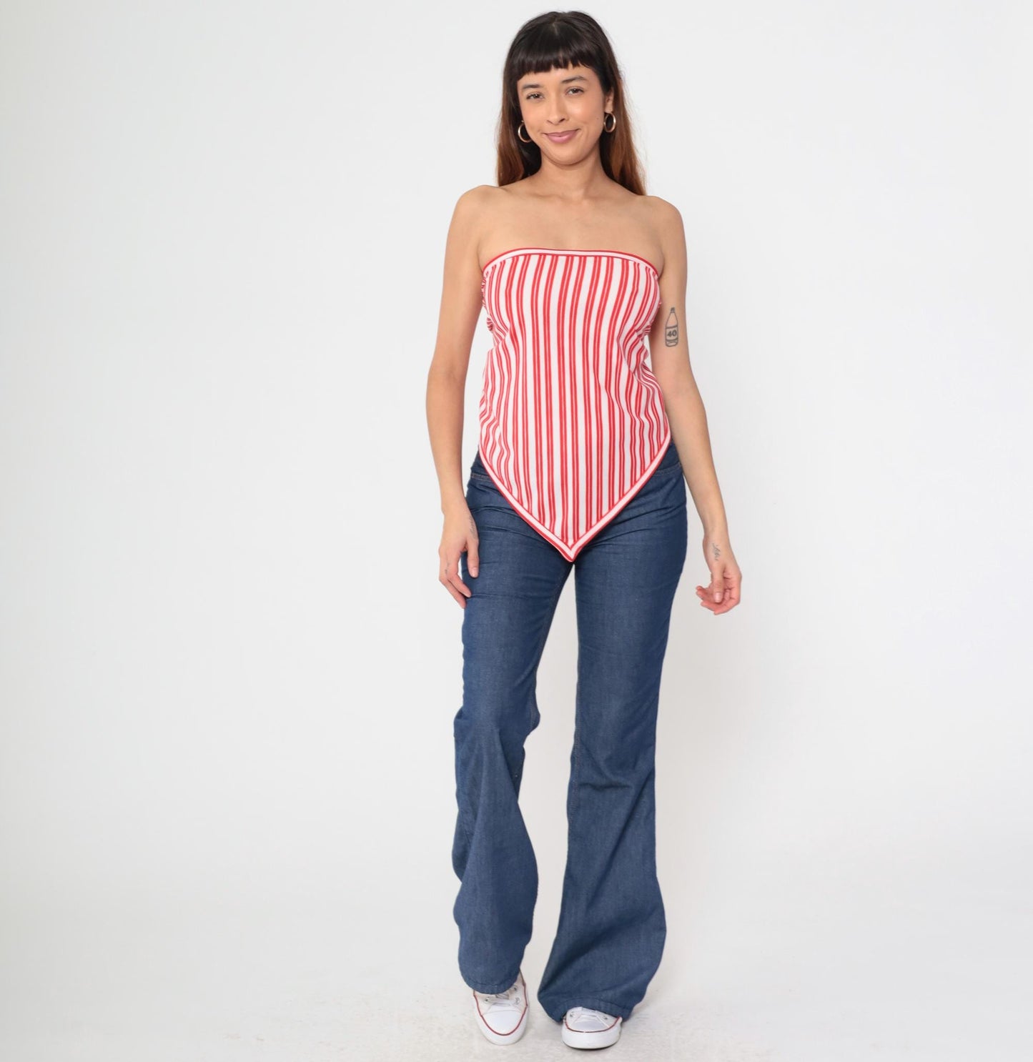 70s Red White Striped Bandana Halter Top Triangle Tie-Back One Size