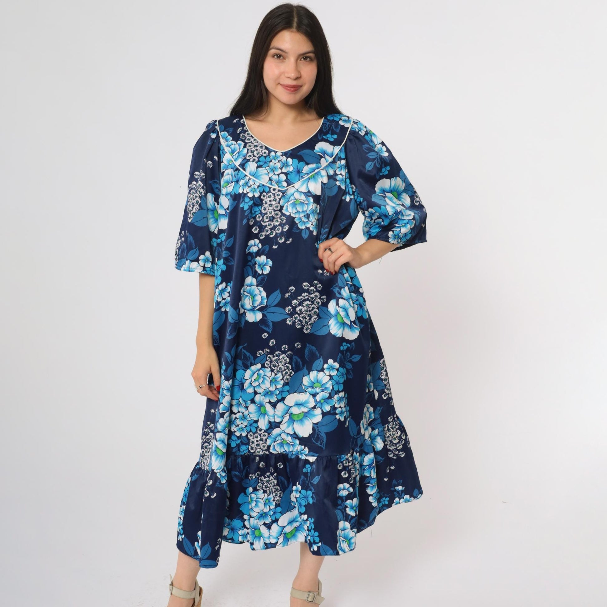 80s Hawaiian Navy Floral Dress Ruffle Hem Short Sleeve Pullover Extra Large XL