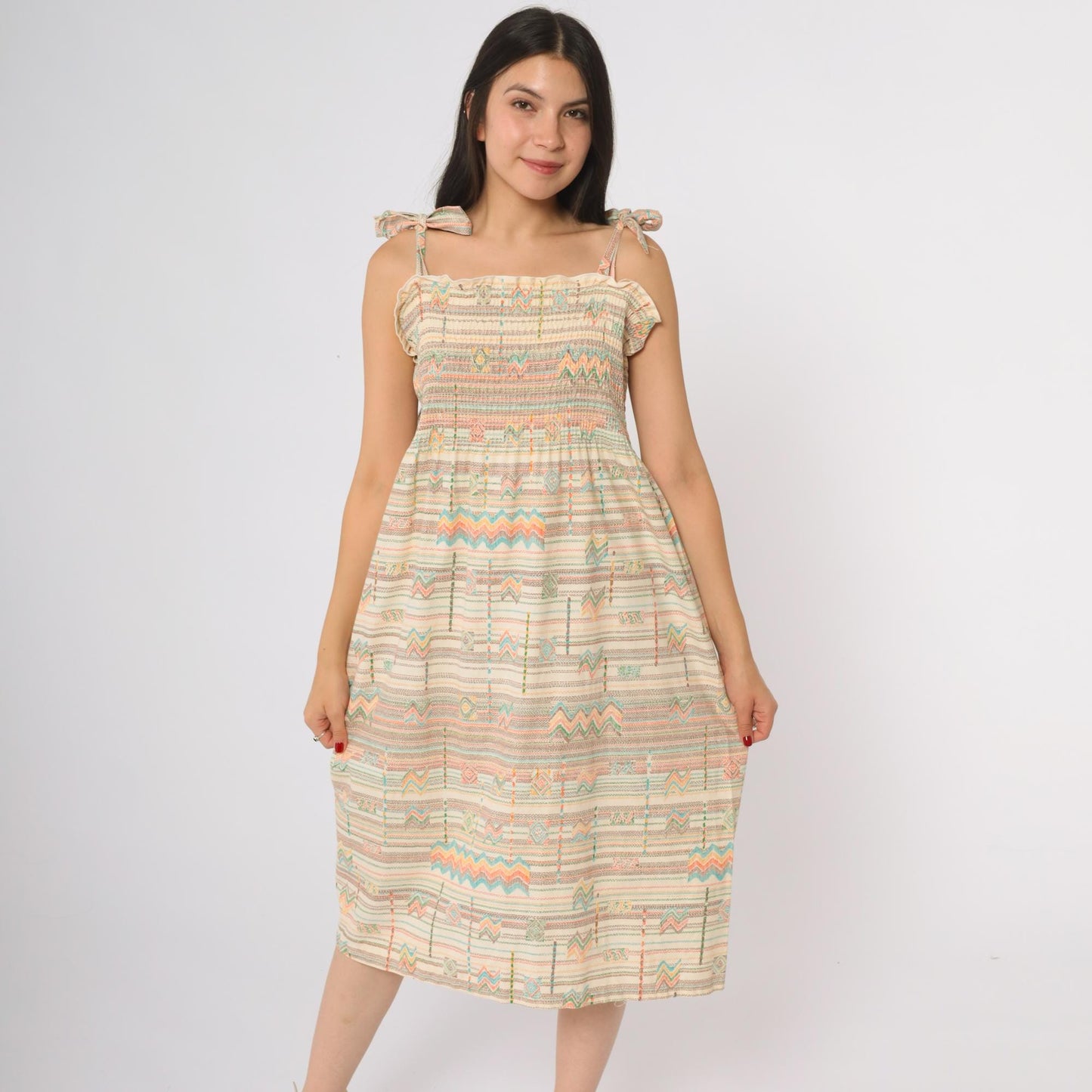 70s Cream Aztec Geometric Midi Dress Tie Shoulder Smocked Cotton Medium Large