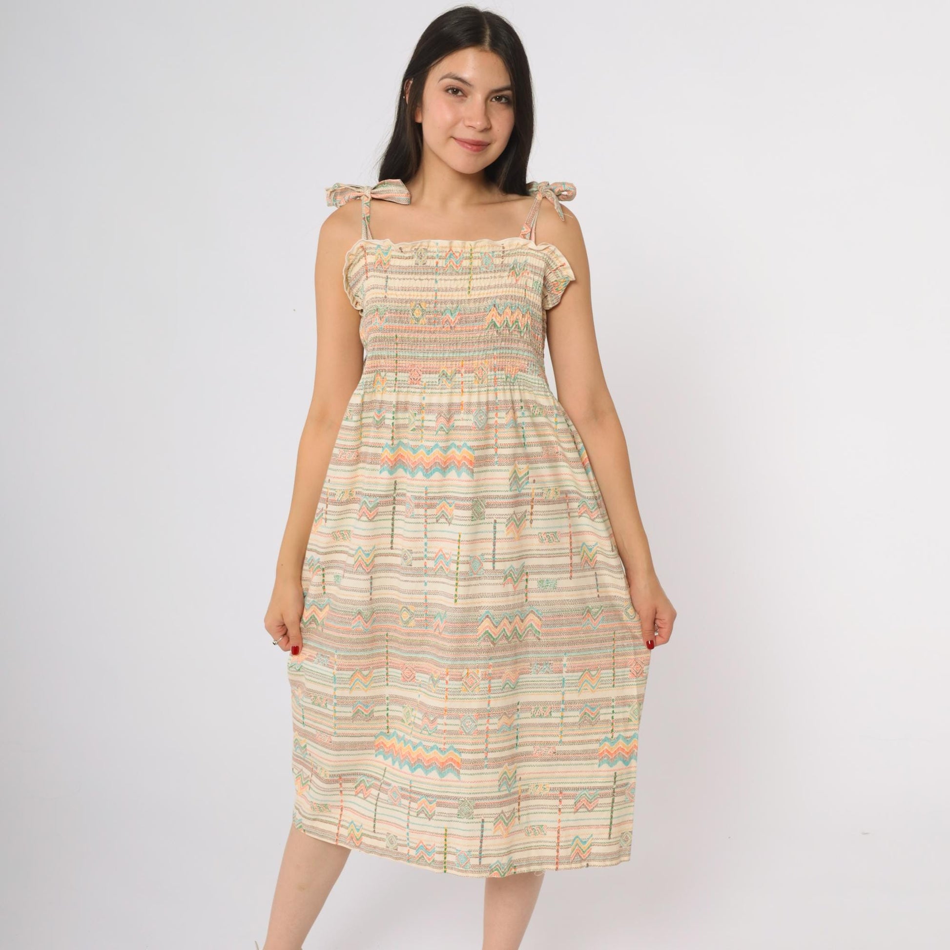 70s Cream Aztec Geometric Midi Dress Tie Shoulder Smocked Cotton Medium Large