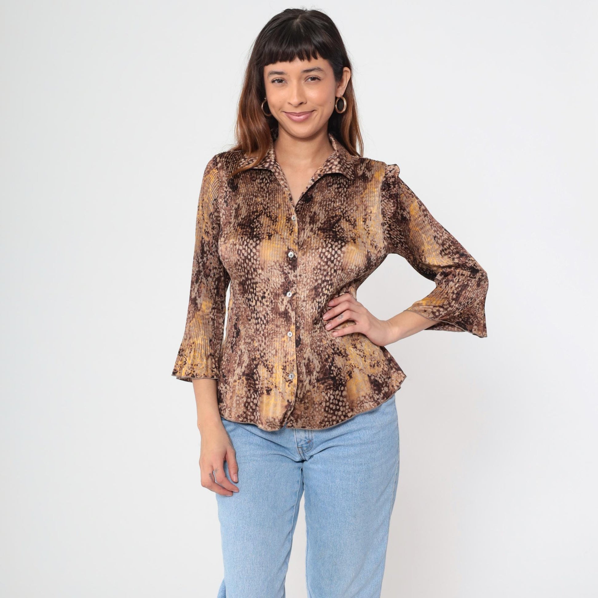 Y2K Jaclyn Smith Snake Print Blouse Brown Python Bell Sleeve Small S