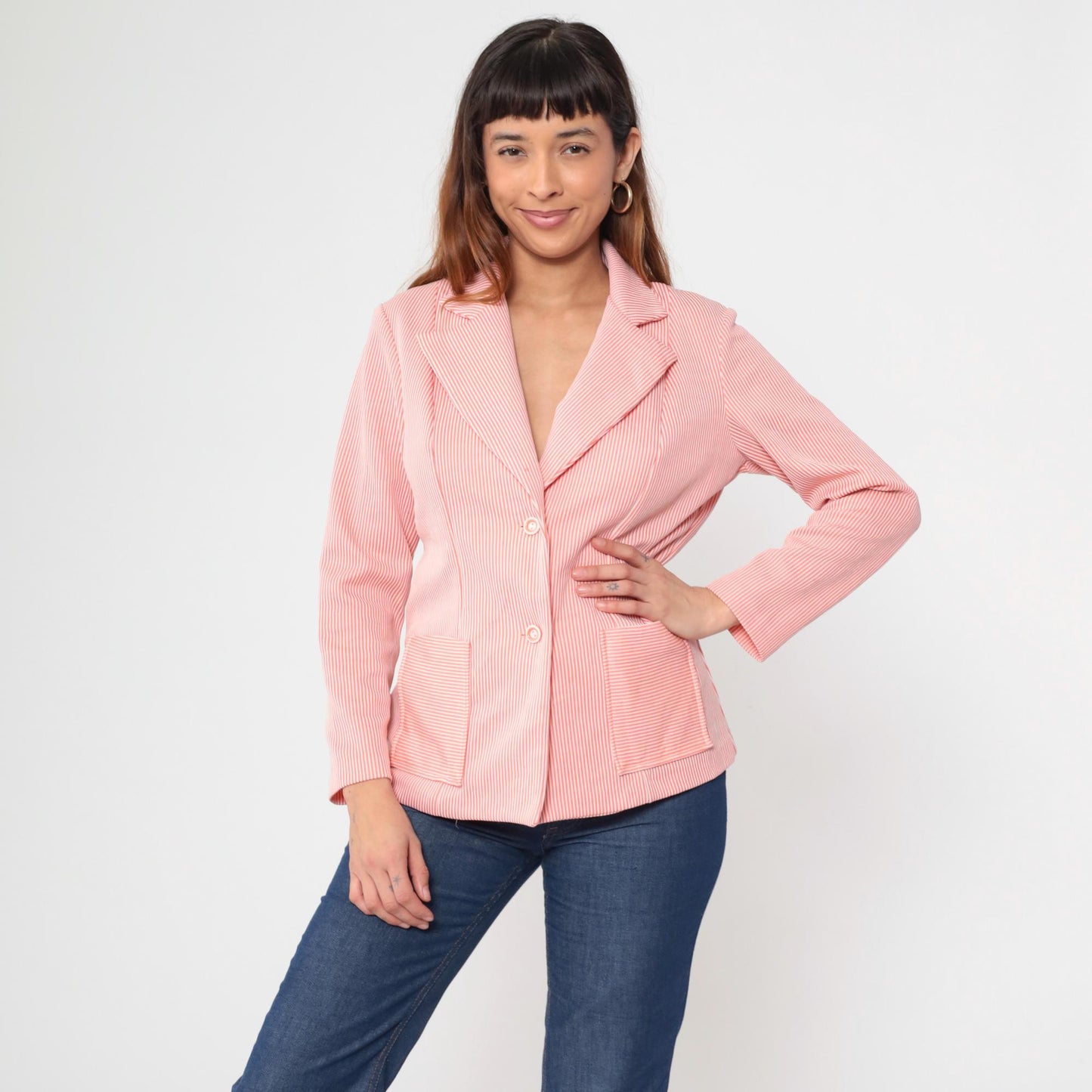 70s Pink White Pinstripe Blazer Button Front Notched Lapel Medium M