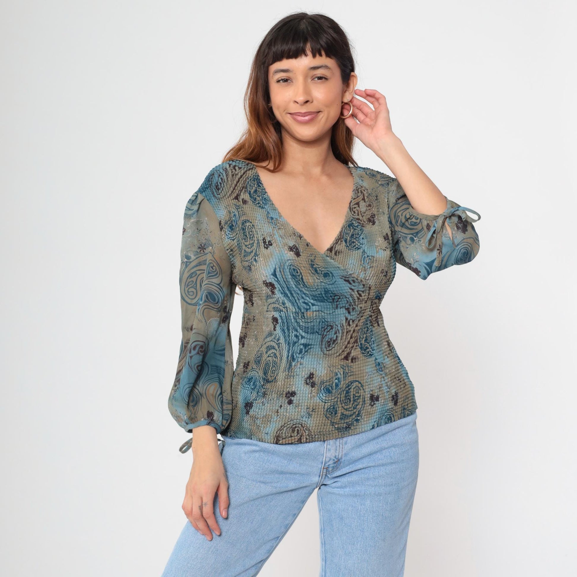 Y2K Nicola Paisley Wrap Top Blue Mixed Print Tie Sleeve Medium M