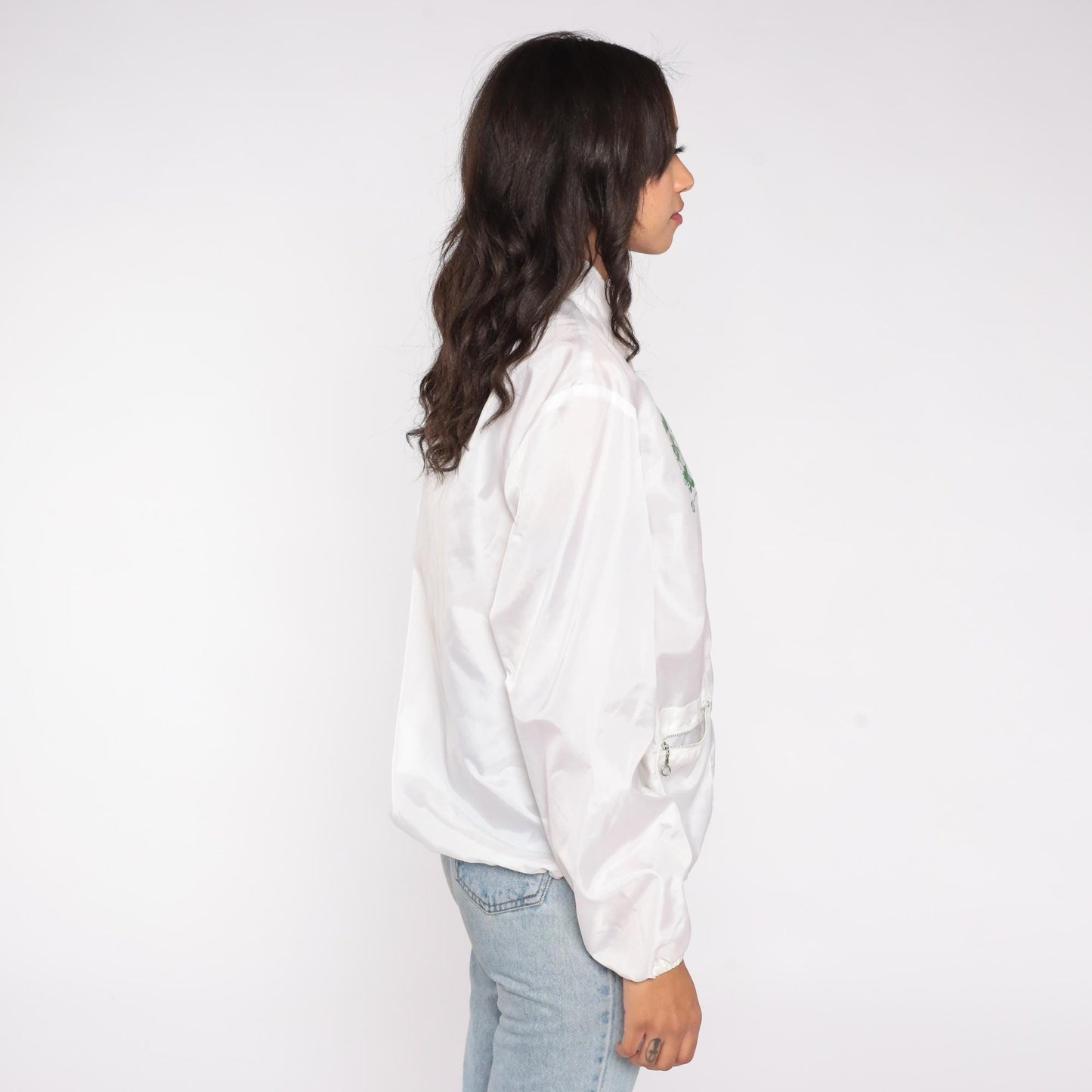 80s General Felt Industries Windbreaker Jacket White Green Stripe Pirate Logo Medium
