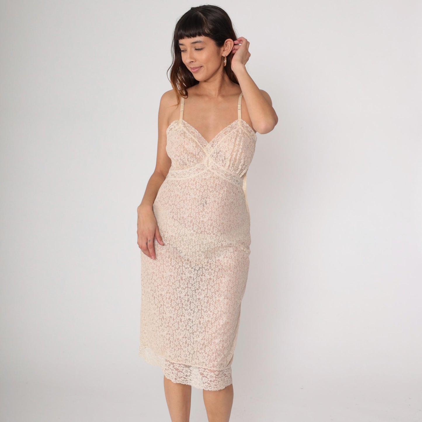1940s Lace Slip Dress Nude Beige Floral Sheer Underwire Small