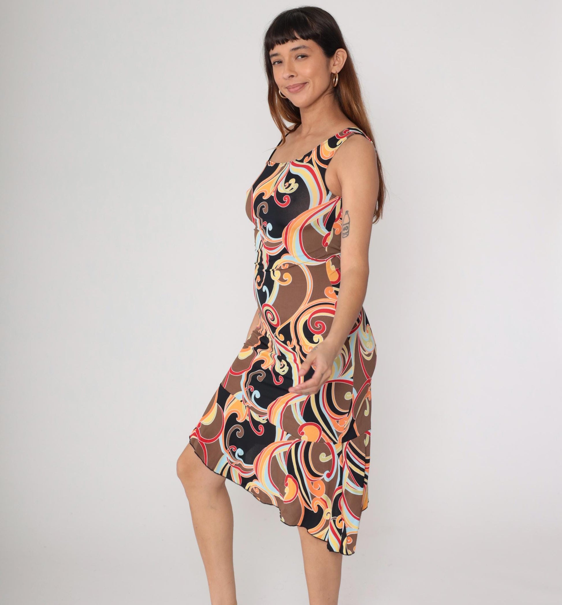 Y2K California Grown Asymmetrical Dress Swirl Print One-Shoulder Small S