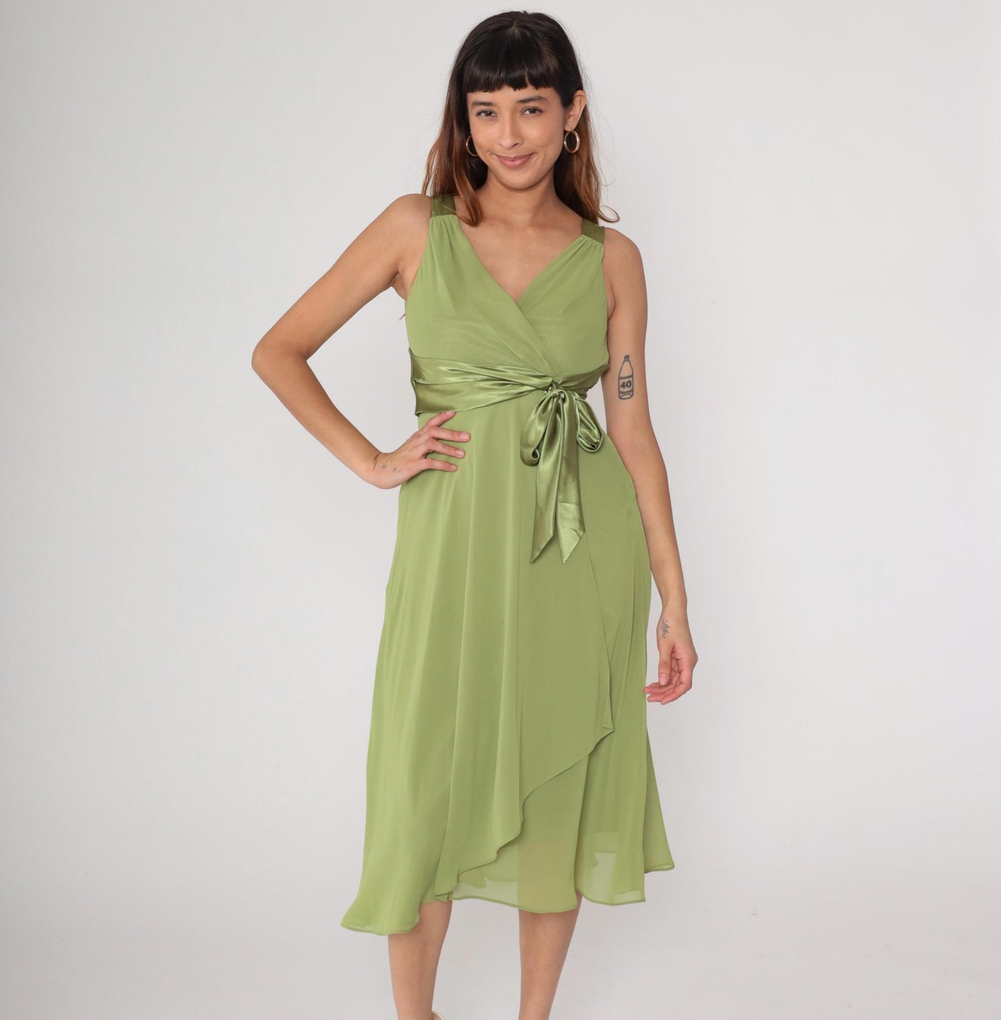 Y2K Green Satin Wrap Midi Dress V-Neck Chiffon Overlay Jones Studio Small