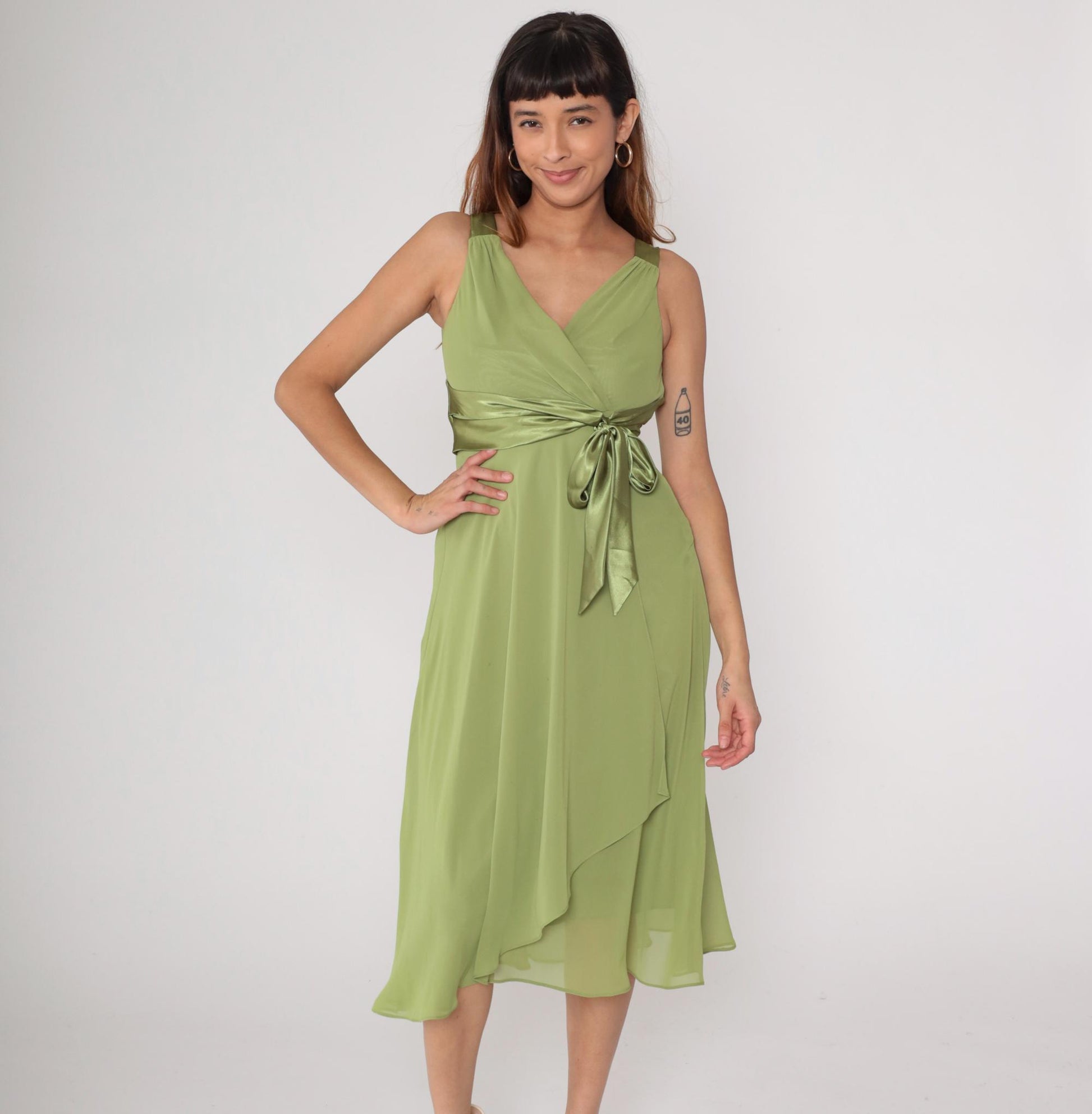 Y2K Green Satin Wrap Midi Dress V-Neck Chiffon Overlay Jones Studio Small