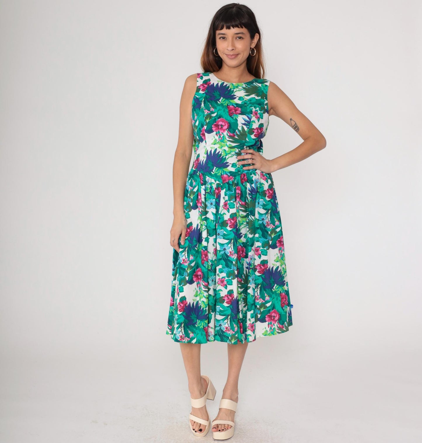 80s All That Jazz Tropical Floral Midi Dress Green Pink Open Back Small