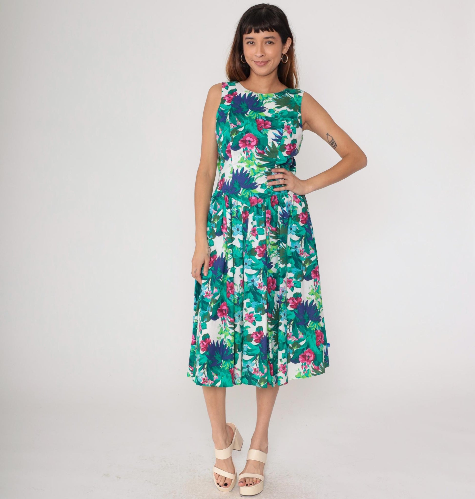 80s All That Jazz Tropical Floral Midi Dress Green Pink Open Back Small