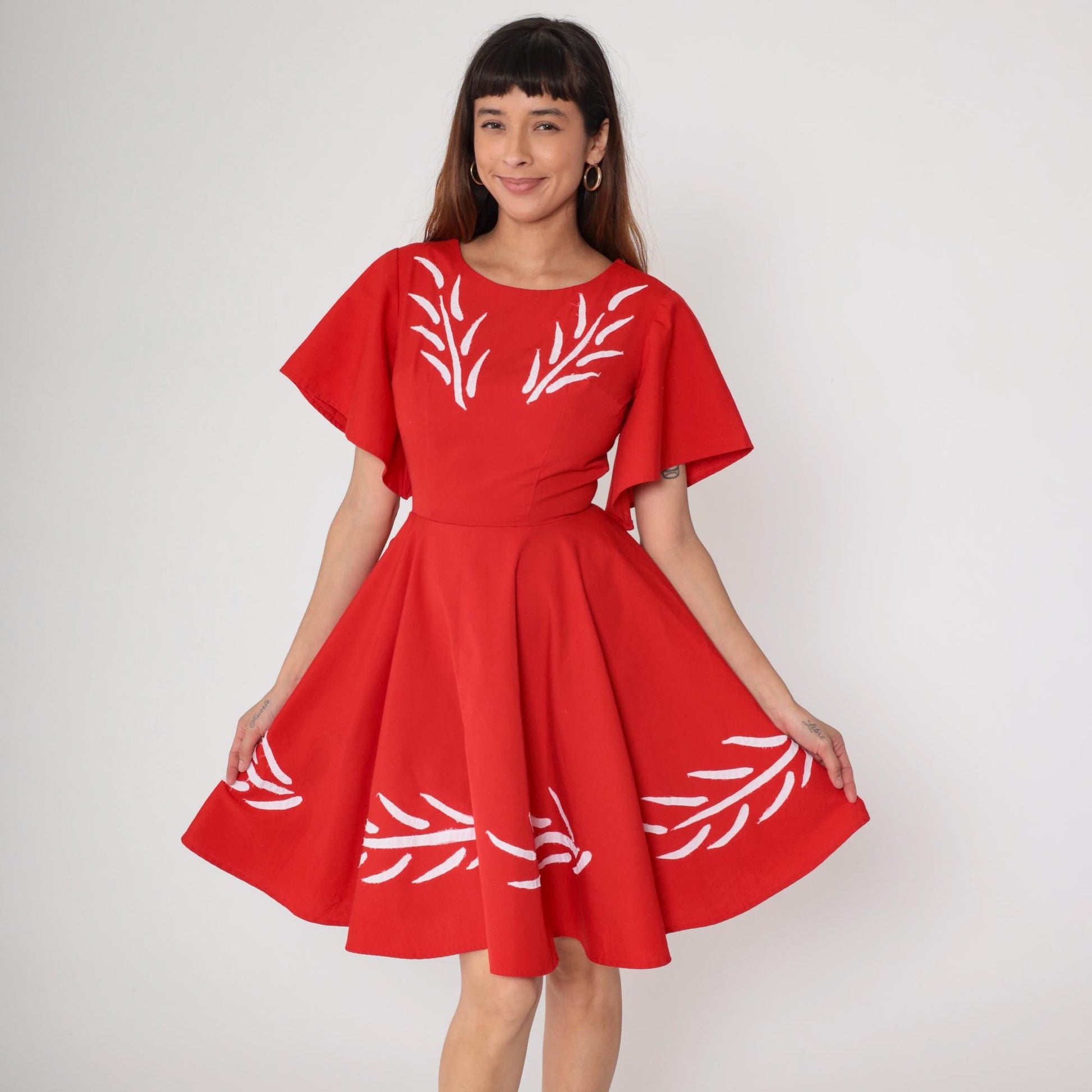 60s Red Mini Dress White Embroidery Flutter Sleeve Fit Flare Cotton Small