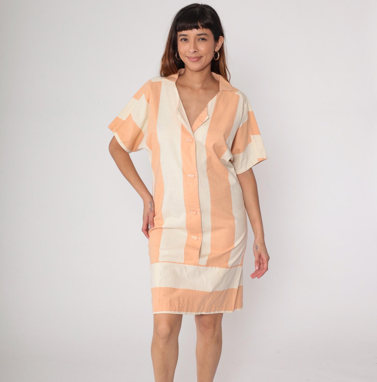 80s Peach Cream Striped Shirt Dress Button Front Collar Cotton Medium