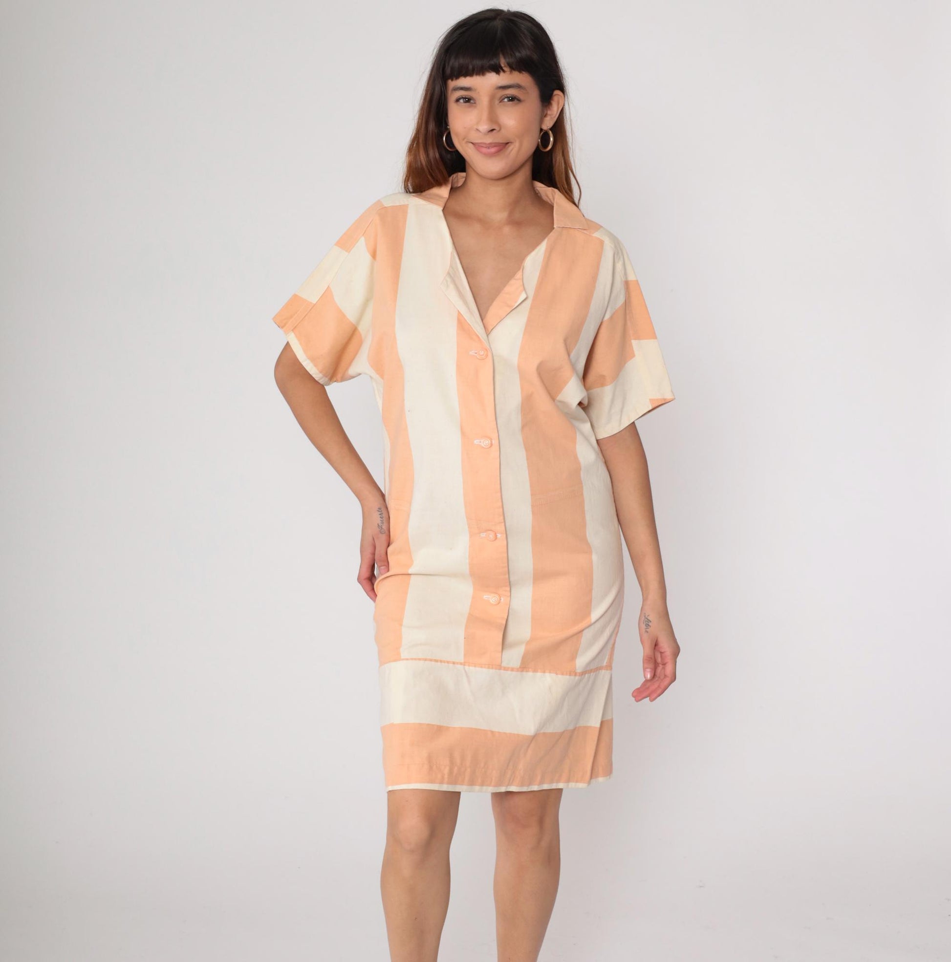 80s Peach Cream Striped Shirt Dress Button Front Collar Cotton Medium