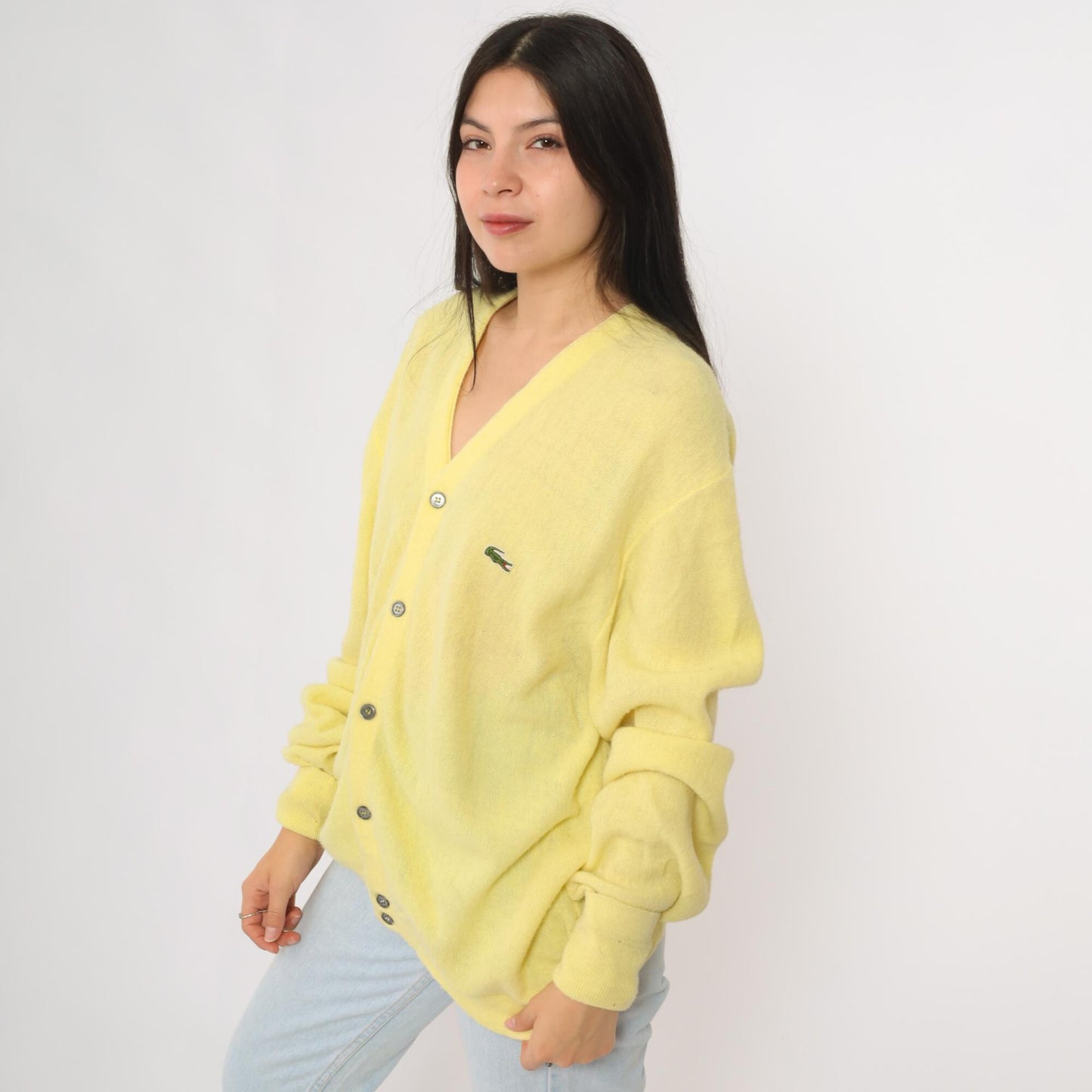 70s Lacoste Yellow Cardigan Crocodile Logo Button Front Extra Large XL