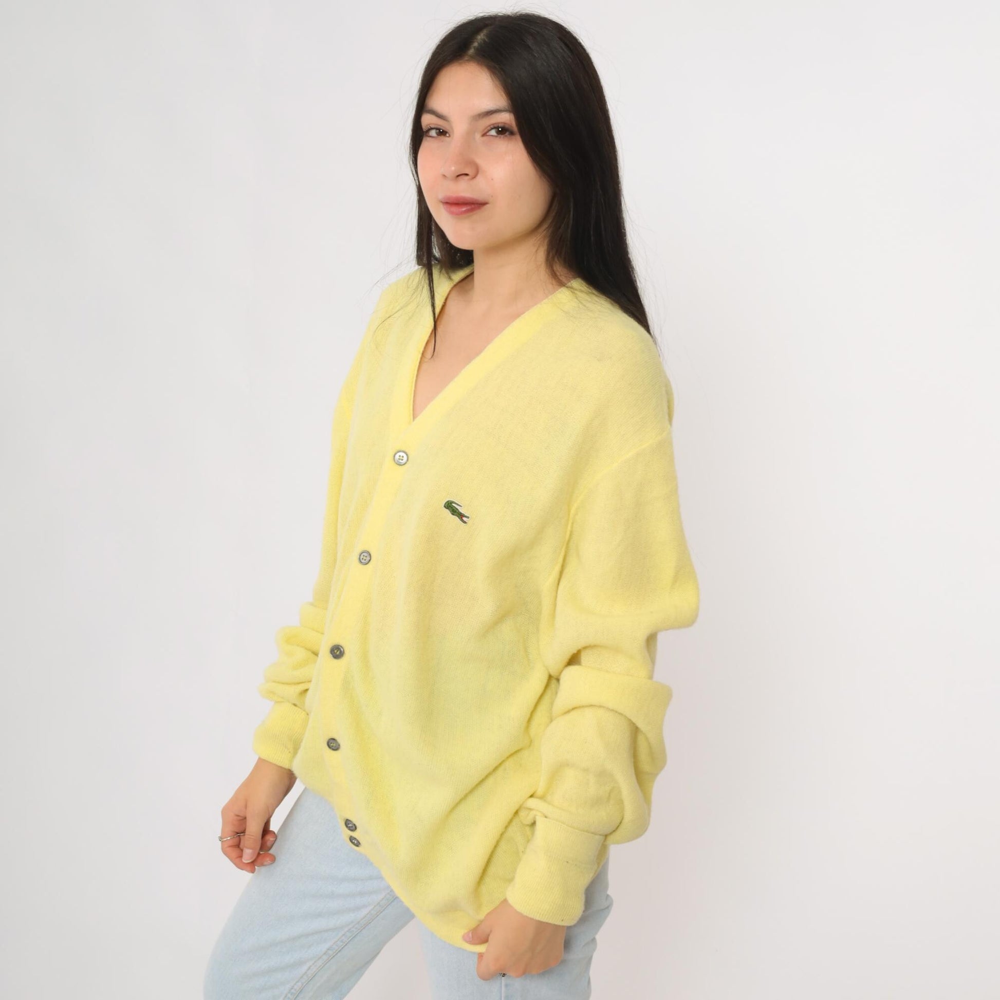 70s Lacoste Yellow Cardigan Crocodile Logo Button Front Extra Large XL