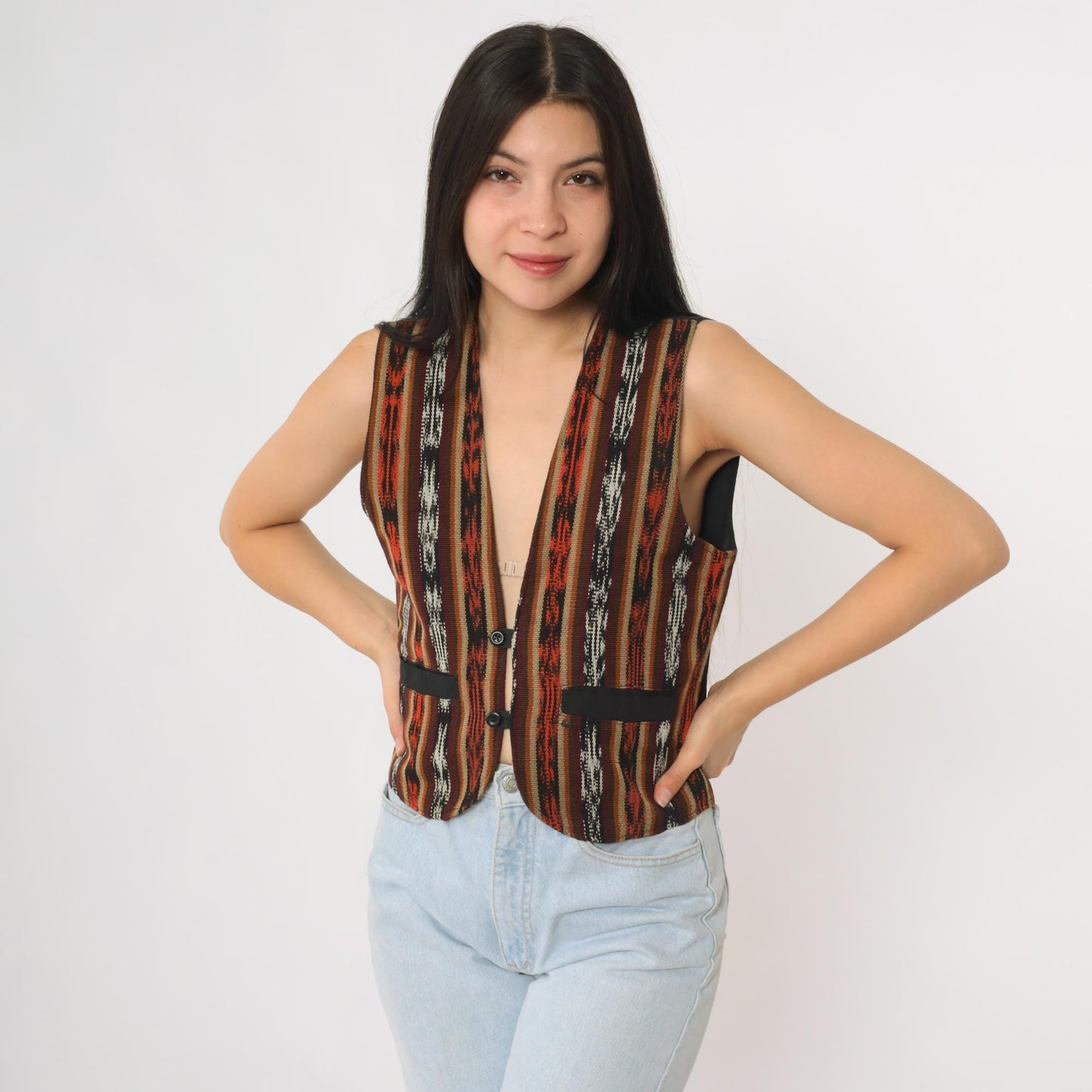 90s Southwestern Cotton Vest Striped Geometric Button Front Small S