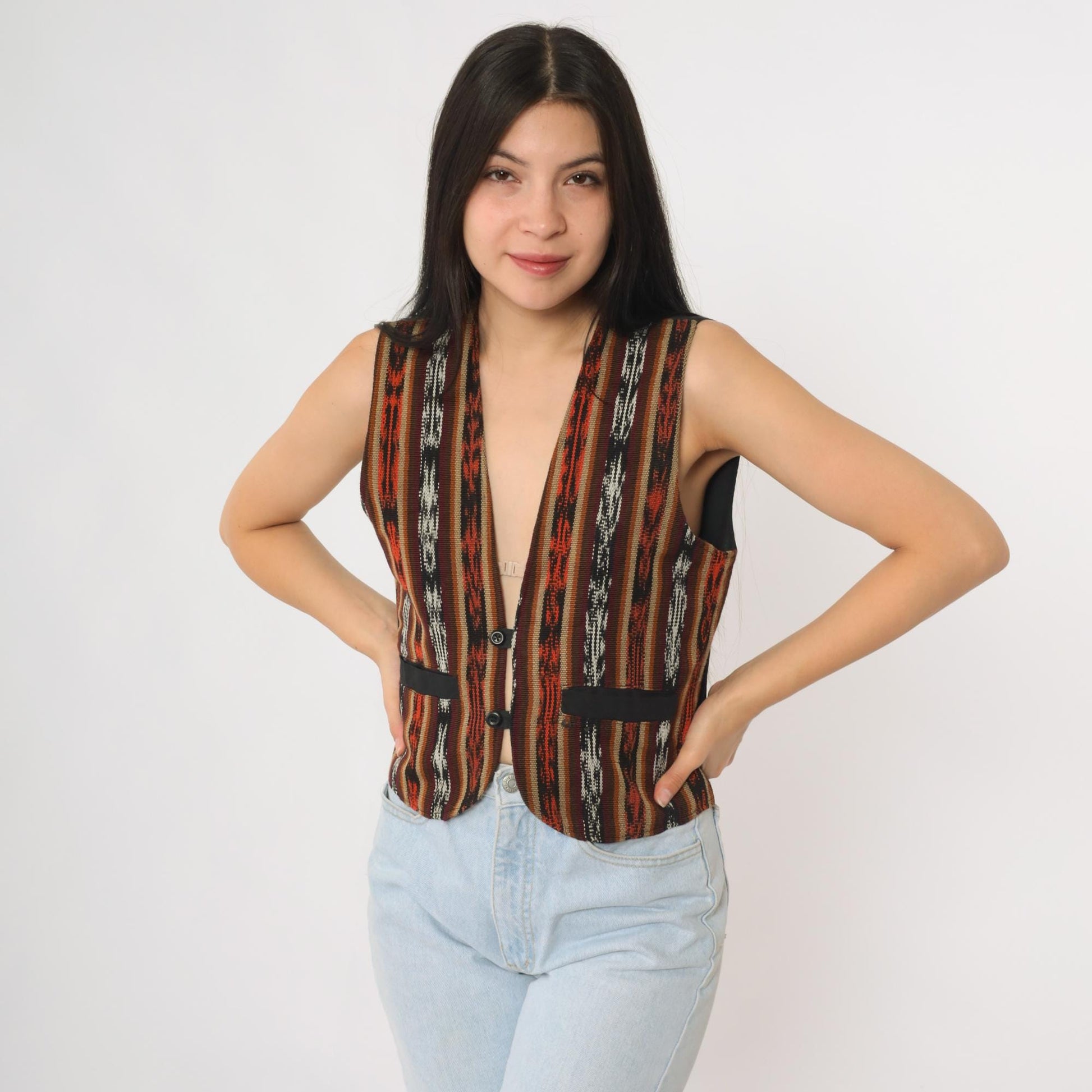 90s Southwestern Cotton Vest Striped Geometric Button Front Small S