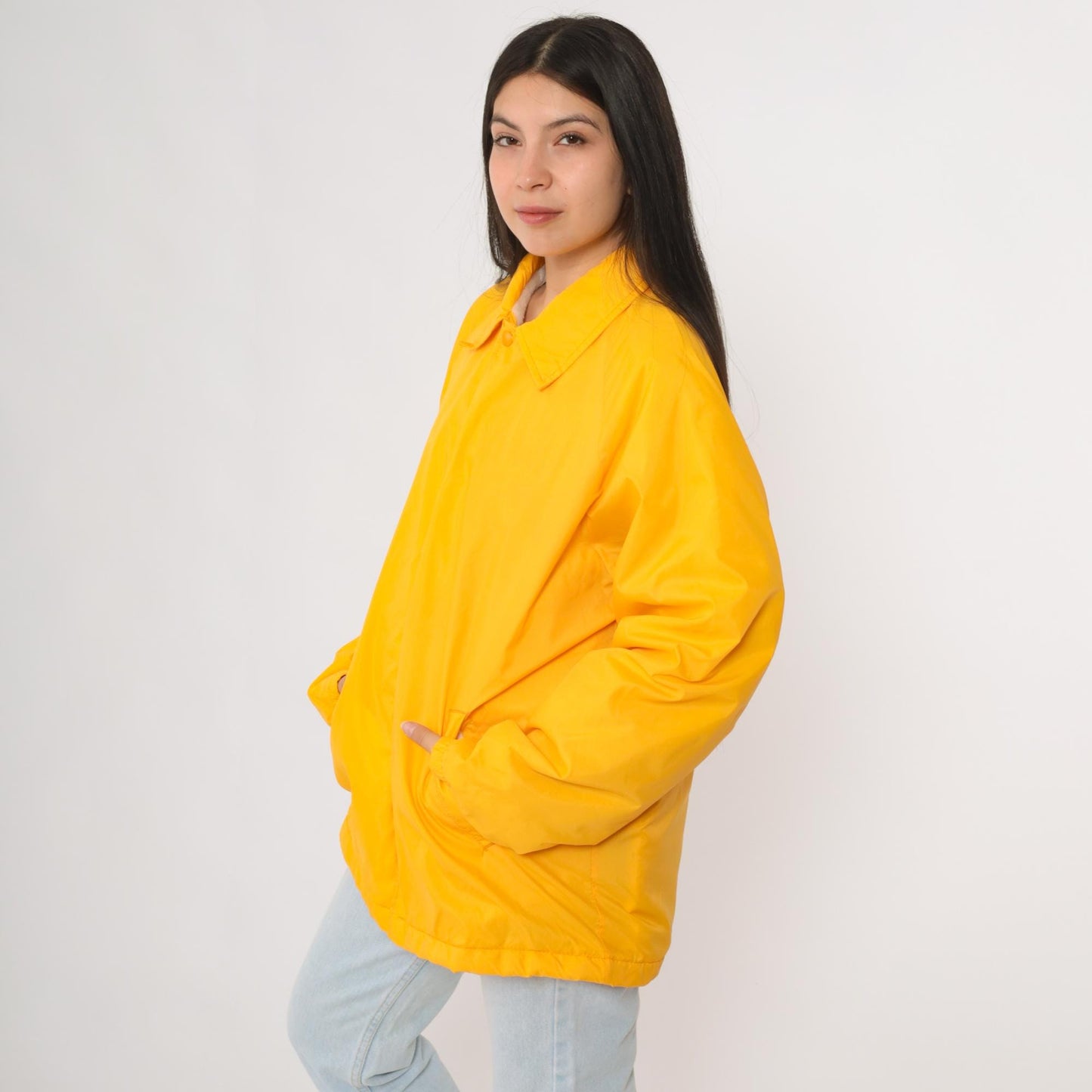 80s David Peyser Yellow Nylon Windbreaker Faux Fur Lined Coach Jacket Large