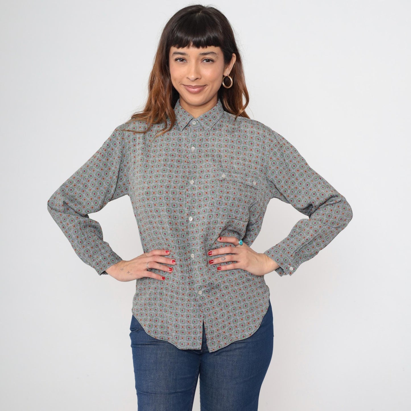 90s Geometric Floral Button Up Blouse Sage Green Red Print Medium