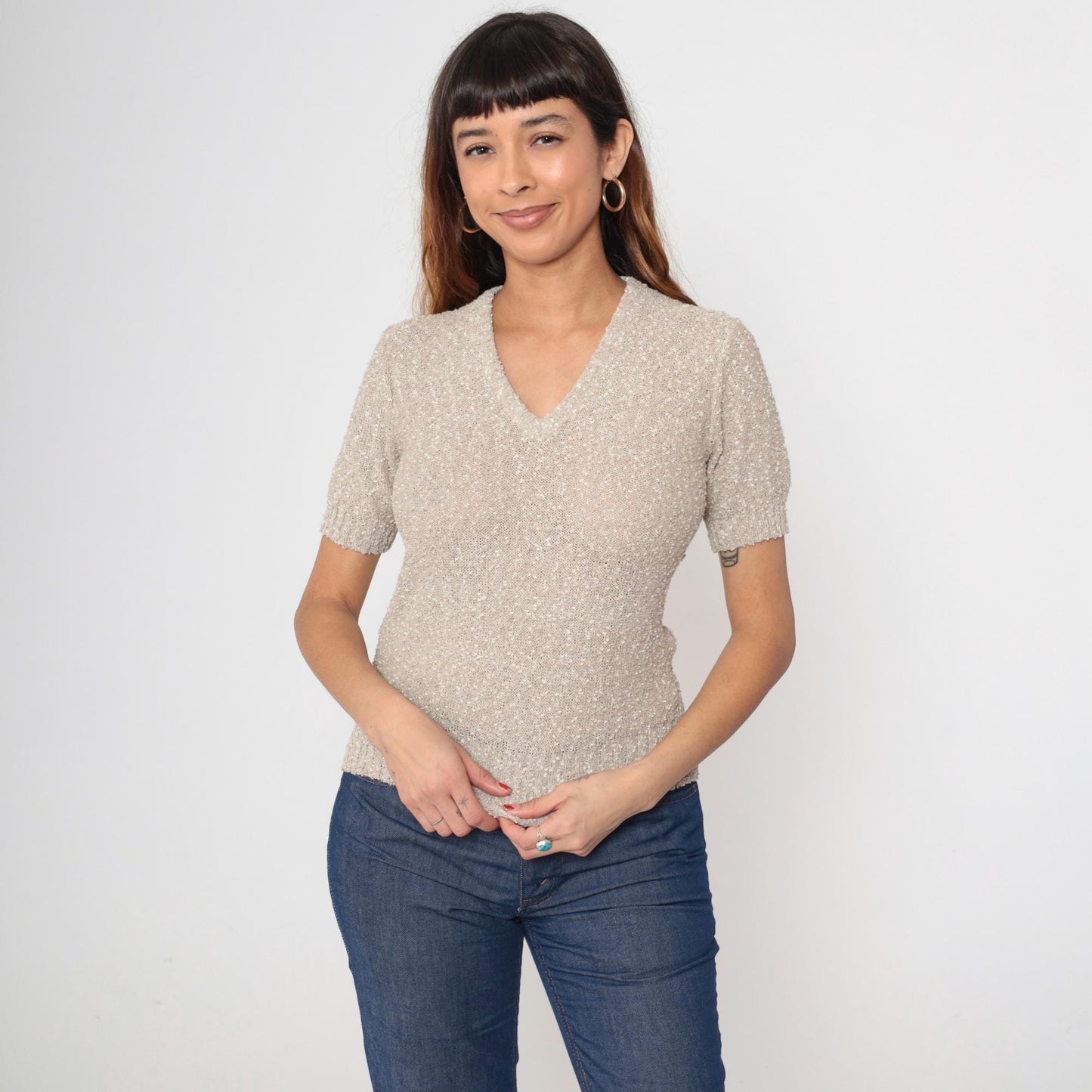 70s Beige Boucle Knit Top V-Neck Puff Sleeve Textured Fitted Small