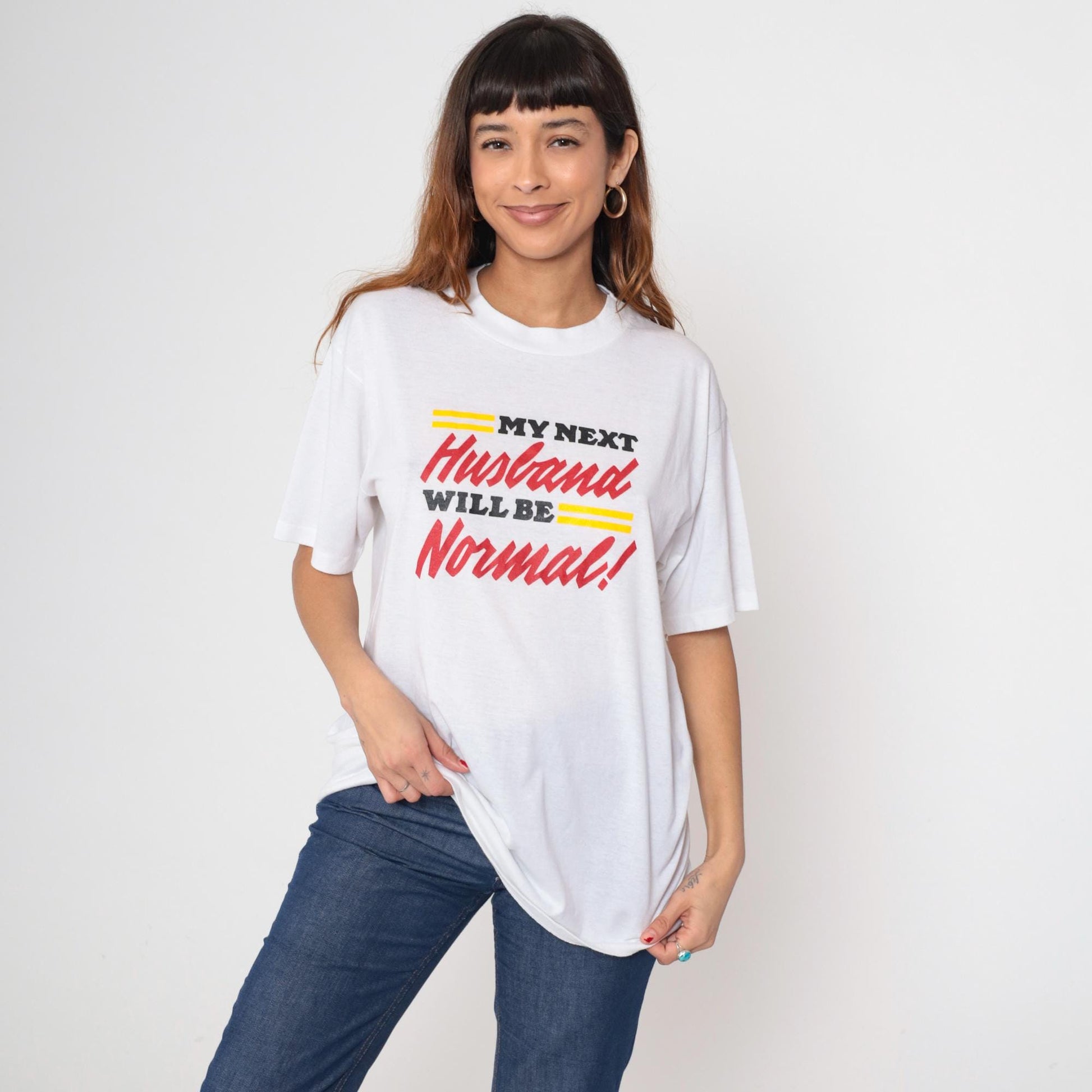 90s Graphic T-Shirt White Cotton Humor Marriage Tee Large