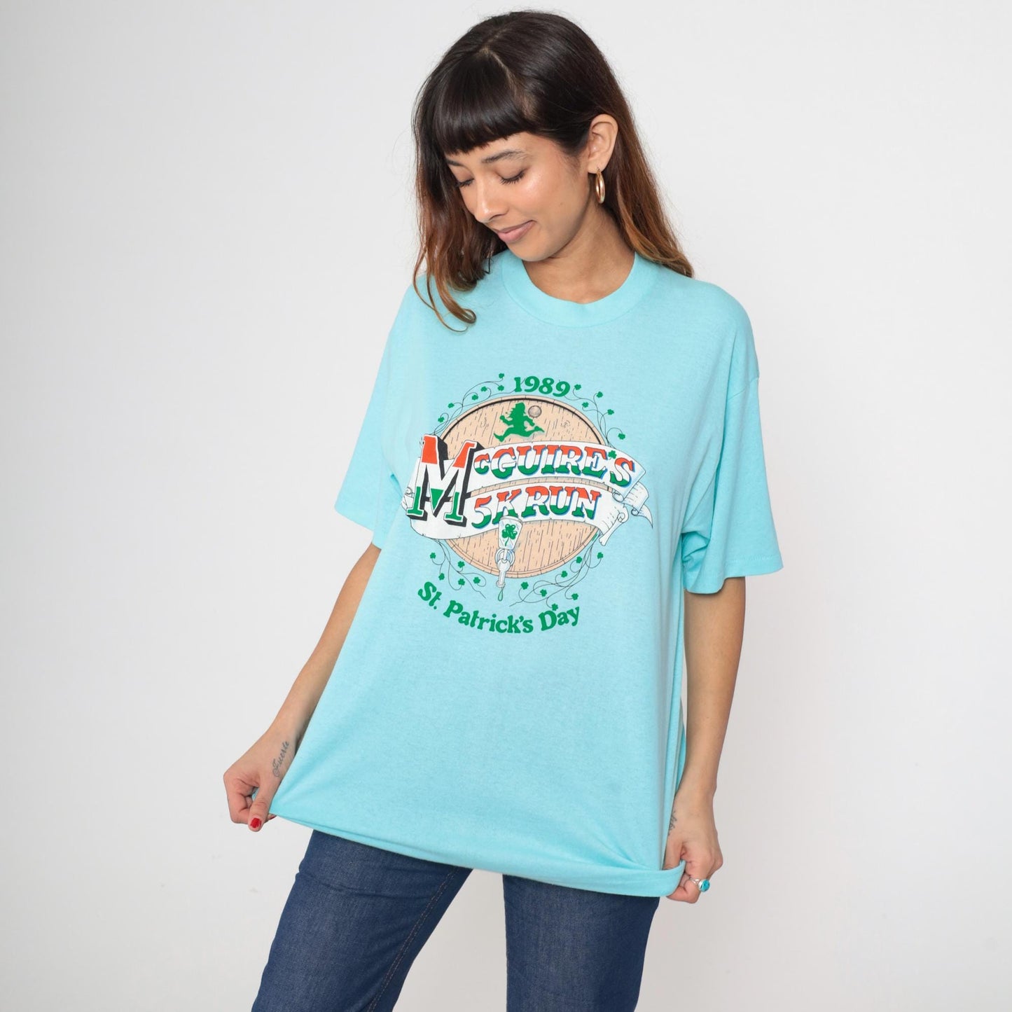 80s McGuire's 5K Run St Patrick's Day Graphic Tee Aqua Blue Extra Large XL