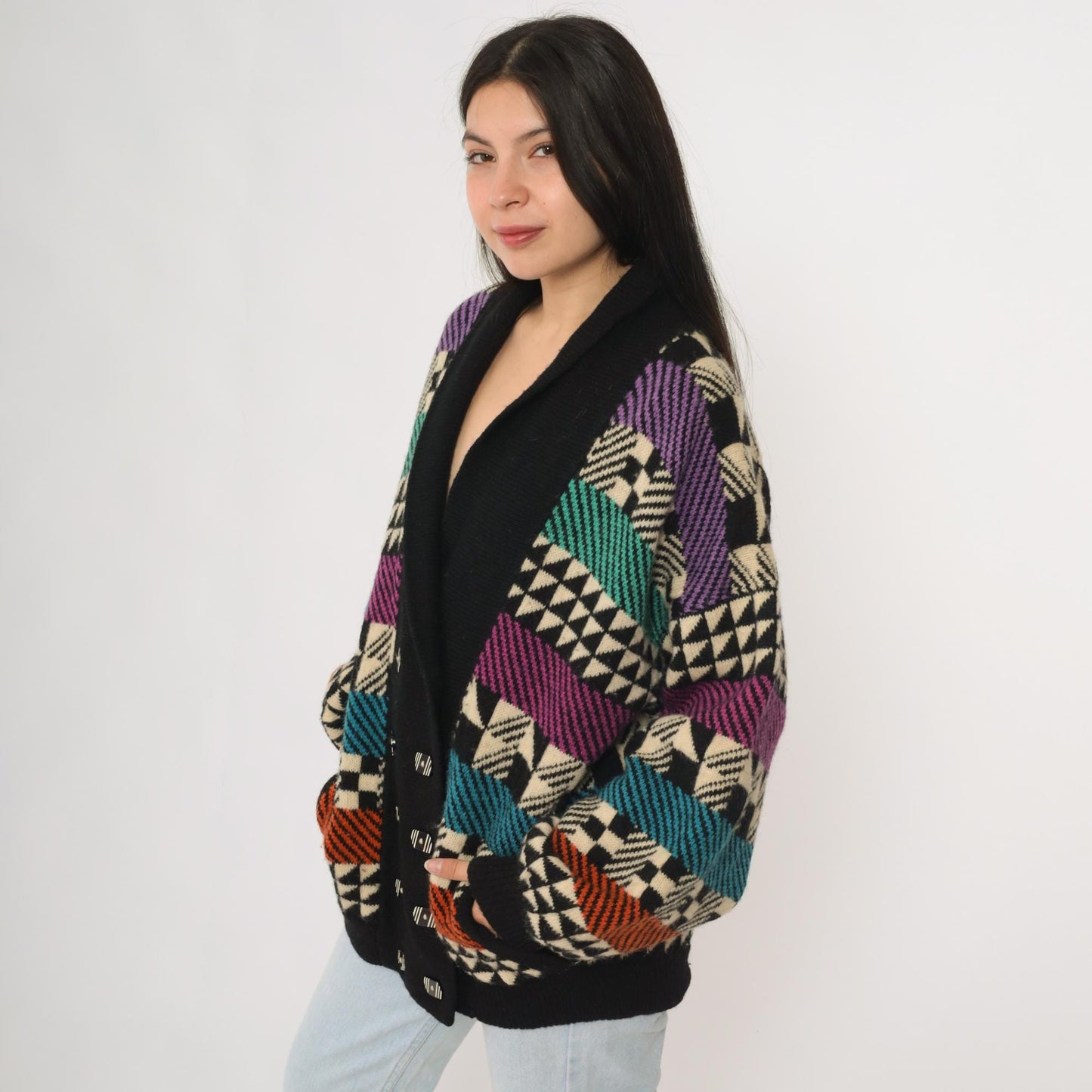 90s Kotki Dwa Wool Cardigan Black Abstract Geometric Purple Teal Orange Large L