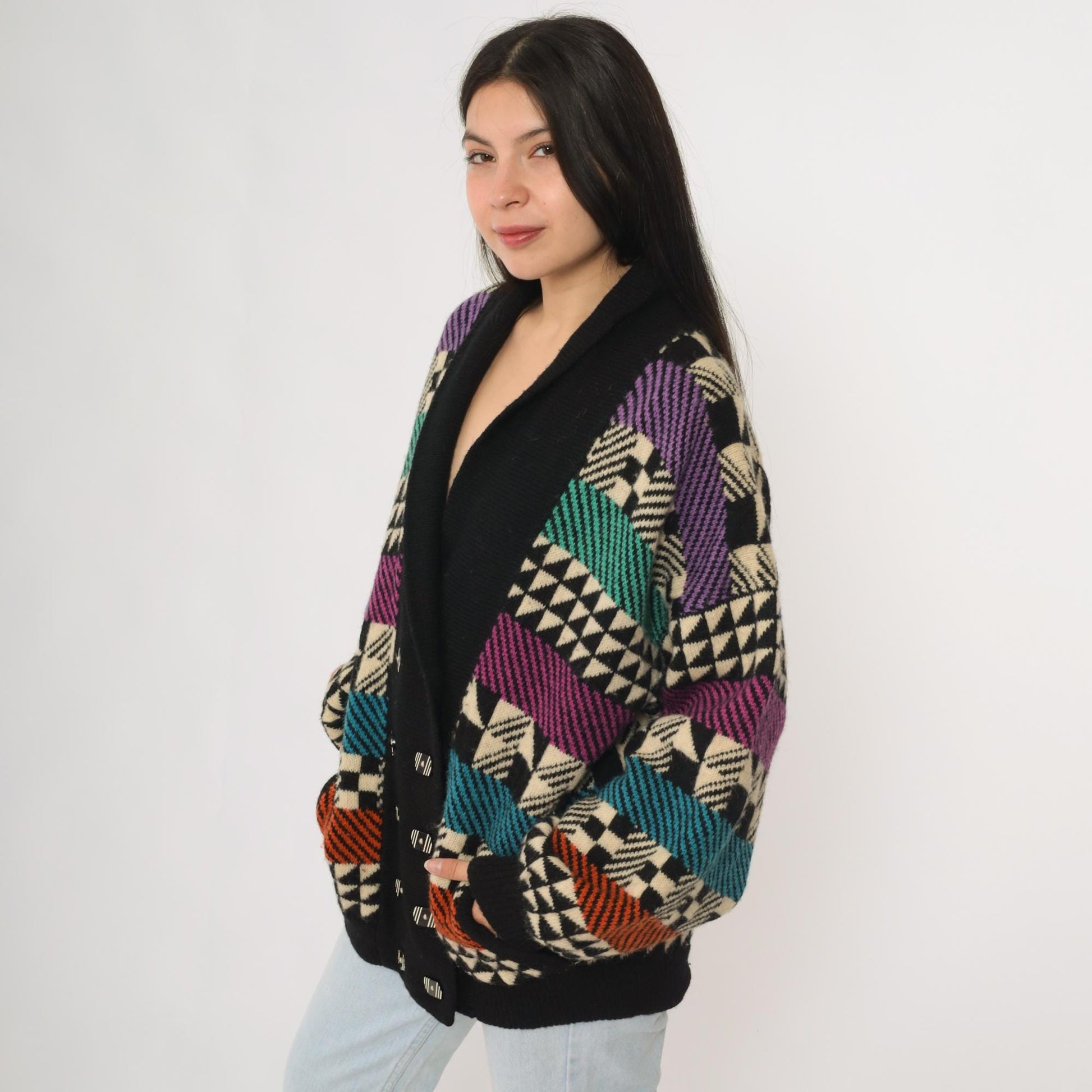 90s Kotki Dwa Wool Cardigan Black Abstract Geometric Purple Teal Orange Large L