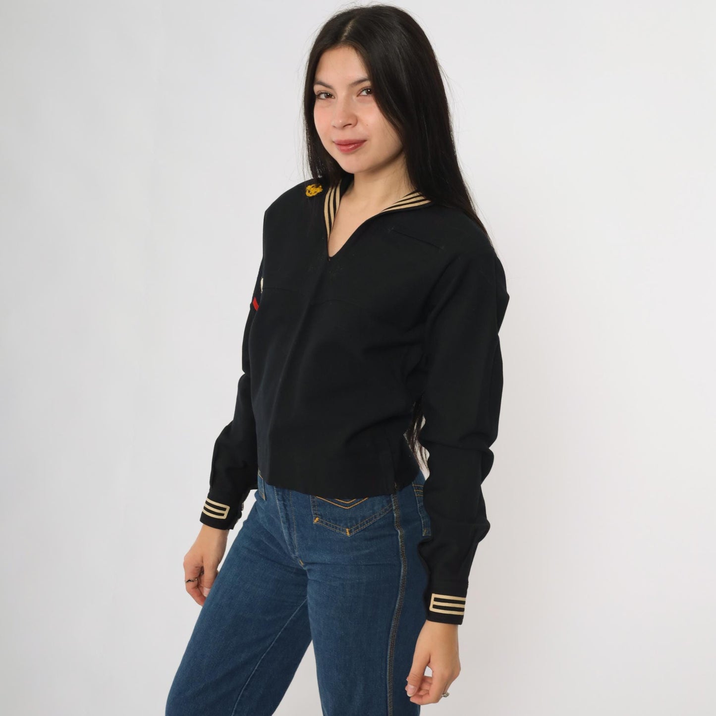 40s Black Sailor Top WW2 Naval Uniform Wool Pullover Eagle Patch XS