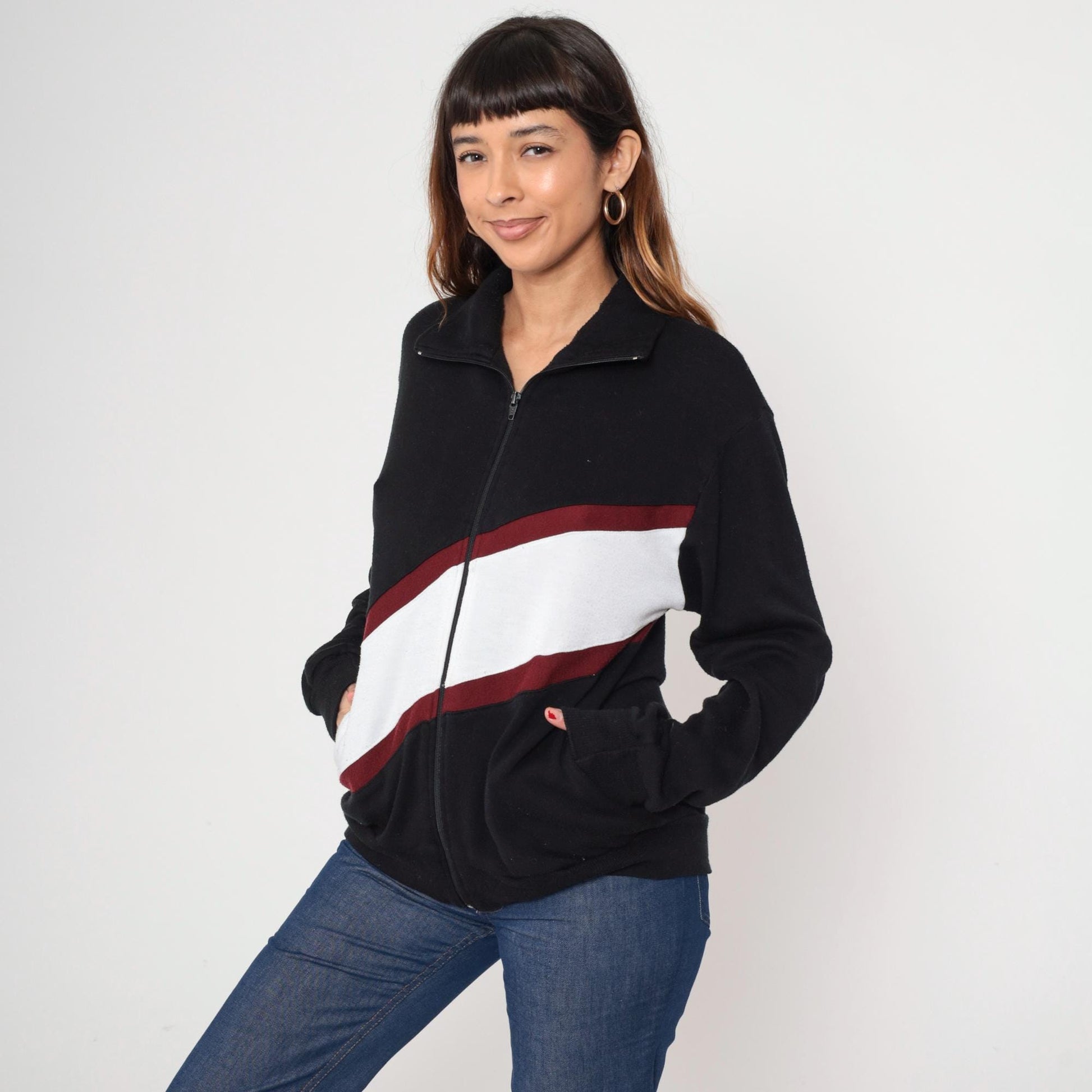 80s Track and Court Jacket Black Red White Color Block Zip Mock Neck Medium