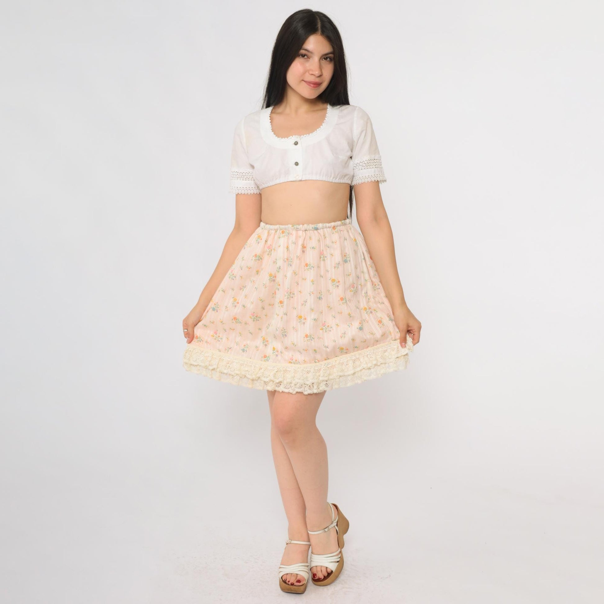 70s Pink Floral Mini Skirt Lace Hem Elastic Waist Extra Small